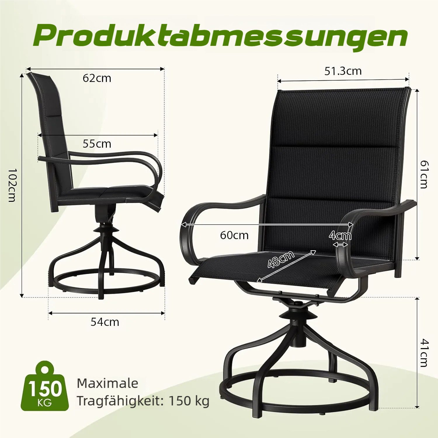 TLGREEN Gartenstuhl hochlehner 2er Set,360° drehbar, Drehstühle Wetterfeste, (Gesteppte Rückenlehne & Sitzfläche, bis 150 kg belastbar, 2 St), Für Terrasse Gart – Bild 2 von 5