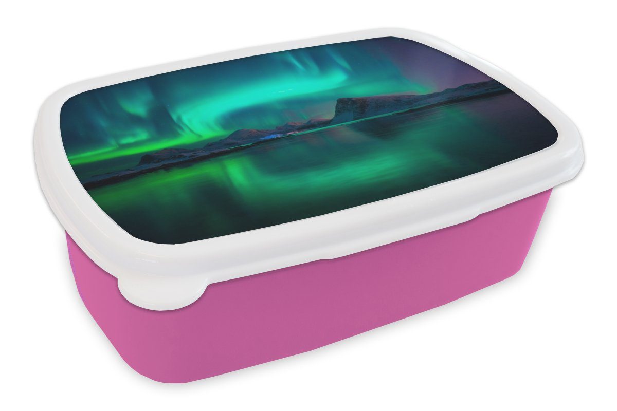 MuchoWow Lunchbox Nordlichter - Snackbox, Brotdose Kunststoff für Norwegen, Kunststoff, (2-tlg), Kinder, Erwachsene, Berge Brotbox rosa - Mädchen