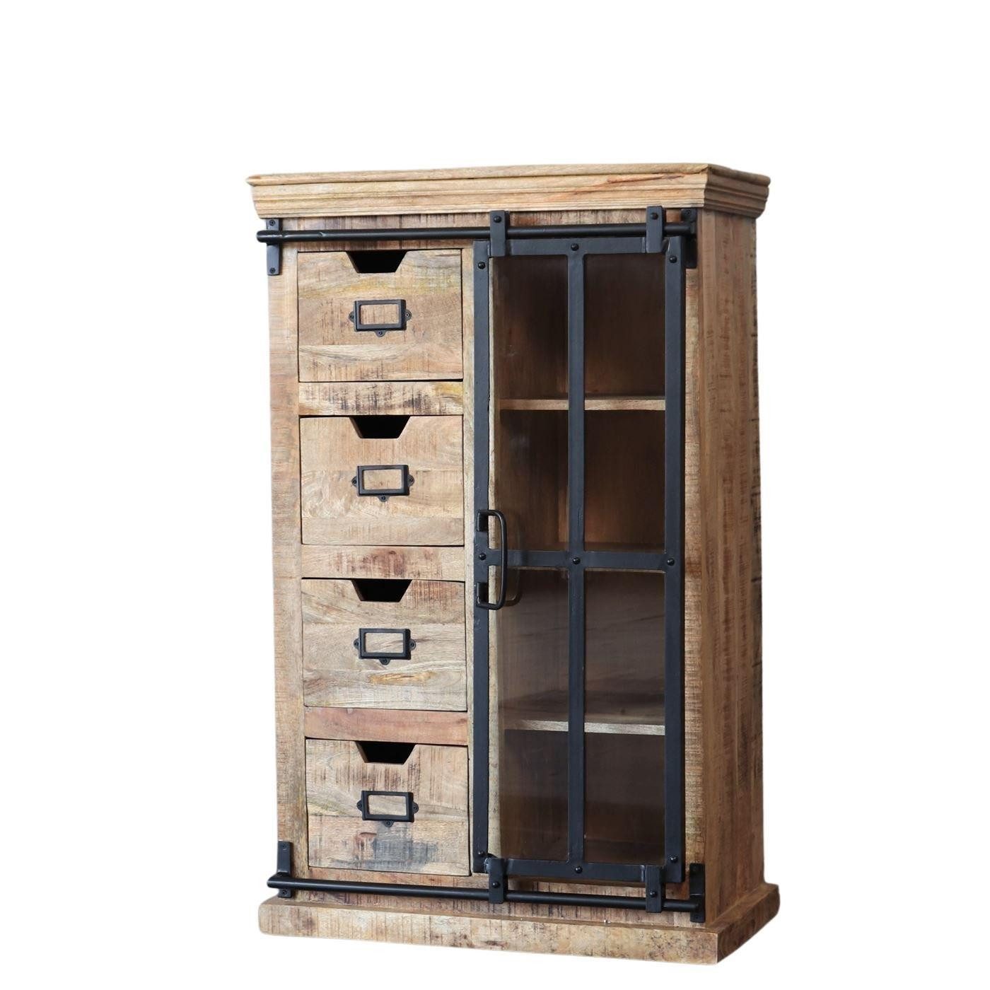 baario Highboard Highboard FINE rustikal, massiv Mangoholz & Eisen Schiebetüre Design Kommode Industrial