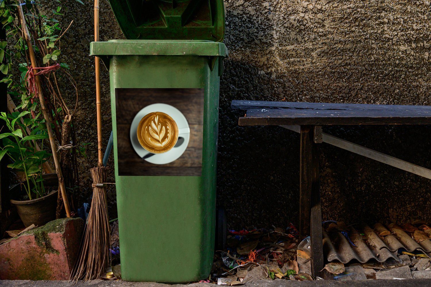 MuchoWow St), wurde Blume, einer Tasse (1 Cappuccino geformt Wandsticker Luftaufnahme die Mülleimer-aufkleber, Mülltonne, Sticker, einer in Abfalbehälter Container,