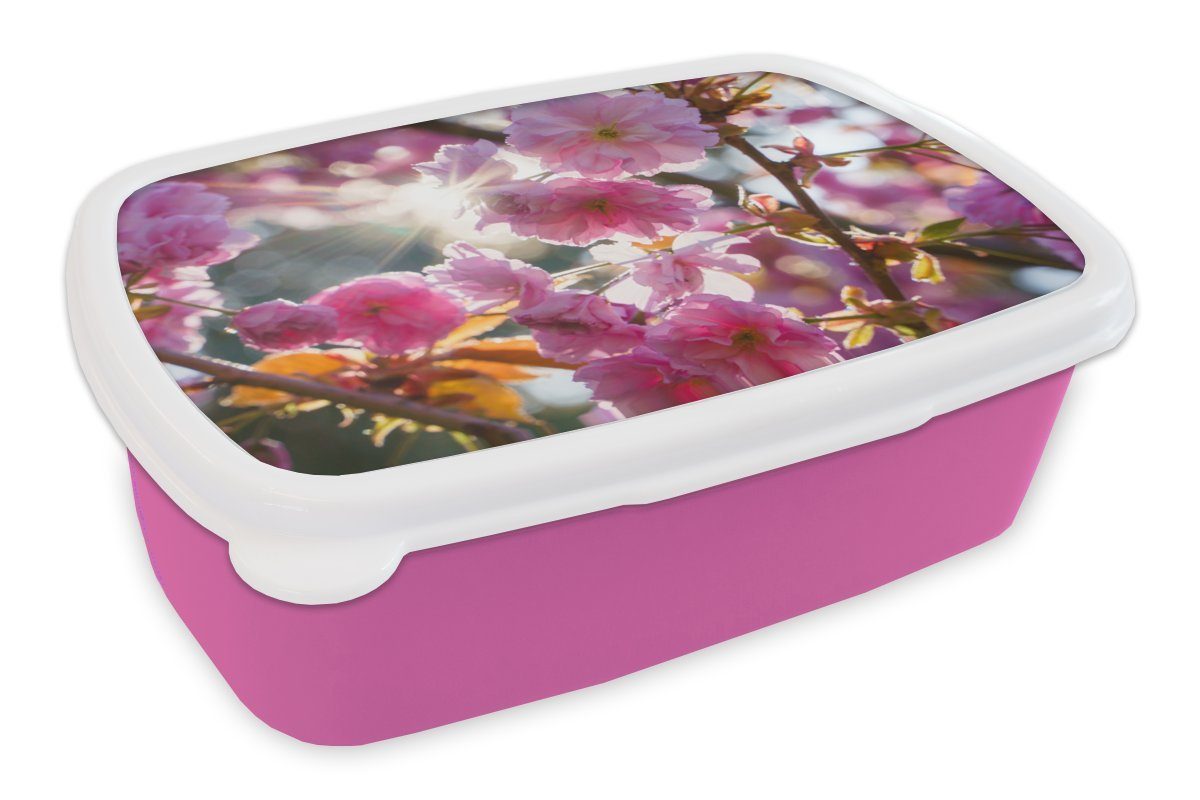 MuchoWow Lunchbox Sakura - Sonne - Frühling, Kunststoff, (2-tlg), Brotbox für Erwachsene, Brotdose Kinder, Snackbox, Mädchen, Kunststoff rosa