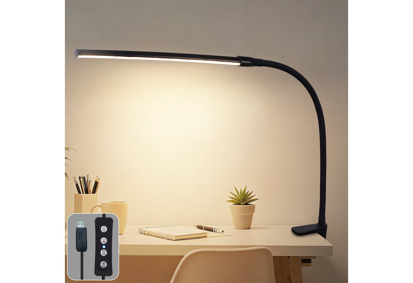 Nettlife LED Tischleuchte Schwarz/Weiß Tageslichtfunktion Ladefunktion Schreibtischlampe, Dimmbar, Klemmbar, LED fest integriert, Einstellbare Farbtemperaturen Augenschutz USB-Anschluss
