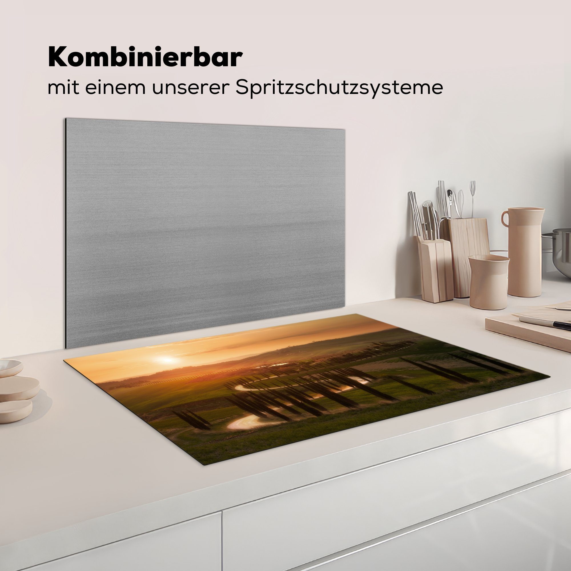 Vinyl, 81x52 Ceranfeldabdeckung tlg), - die Sonne (1 Schutz cm, Induktionskochfeld küche, Herdblende-/Abdeckplatte Toskana - für MuchoWow Baum,