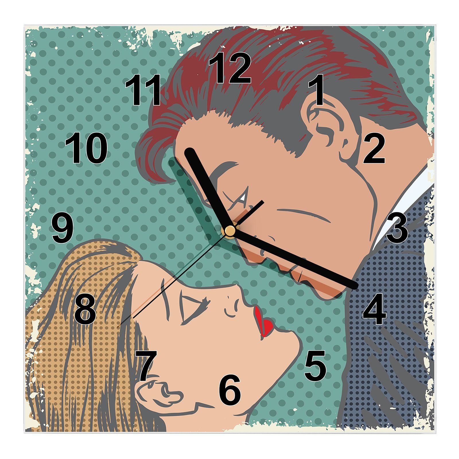 Primedeco Wanduhr Glasuhr Wanduhr Wandkunst Größe 30 x 30 cm mit Motiv Mann und Frau Comic