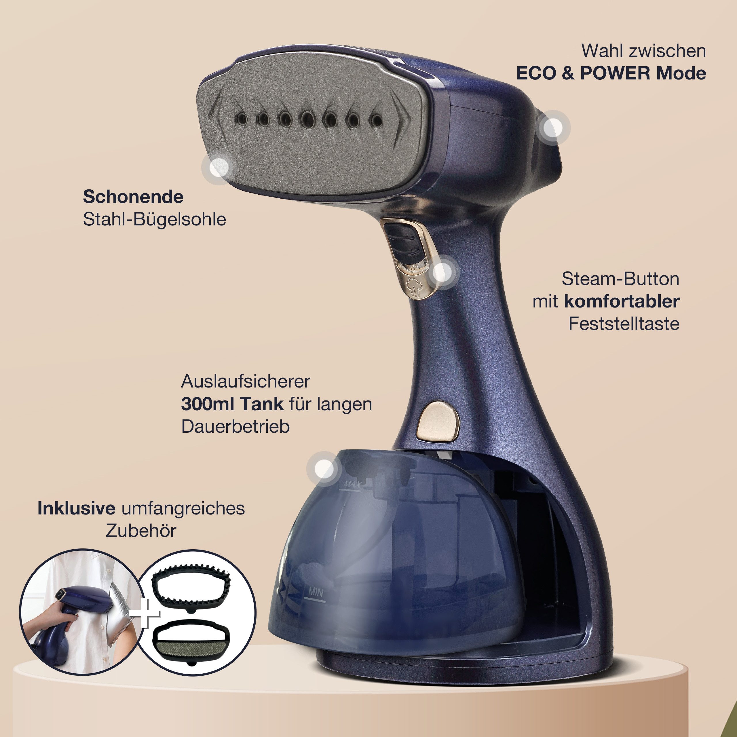 Lebenlang Dampfbügeleisen Steamer Dampfglätter für Kleidung Hand Dampfbürste, 1500,00 W, Inkl. Bügelhandschuh, <30 Sekunden Aufheizen, 300ml Tank
