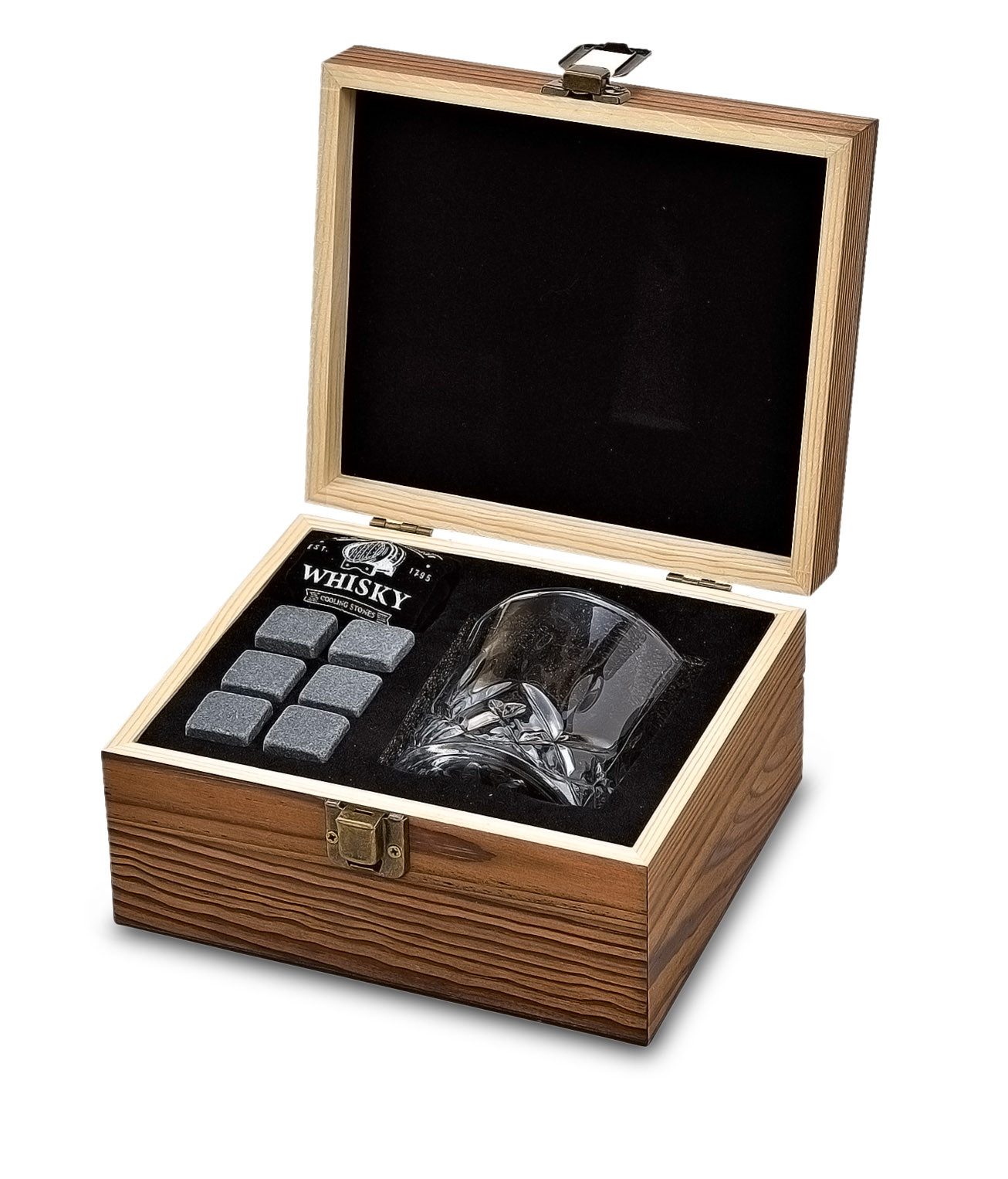 Woma Eiswürfel-Steine Basalt Whisky Steine Geschenk Set in edler Holzbox - 8-teilig, Wiederverwendbare Kühlwürfel mit Glas und Samtbeutel