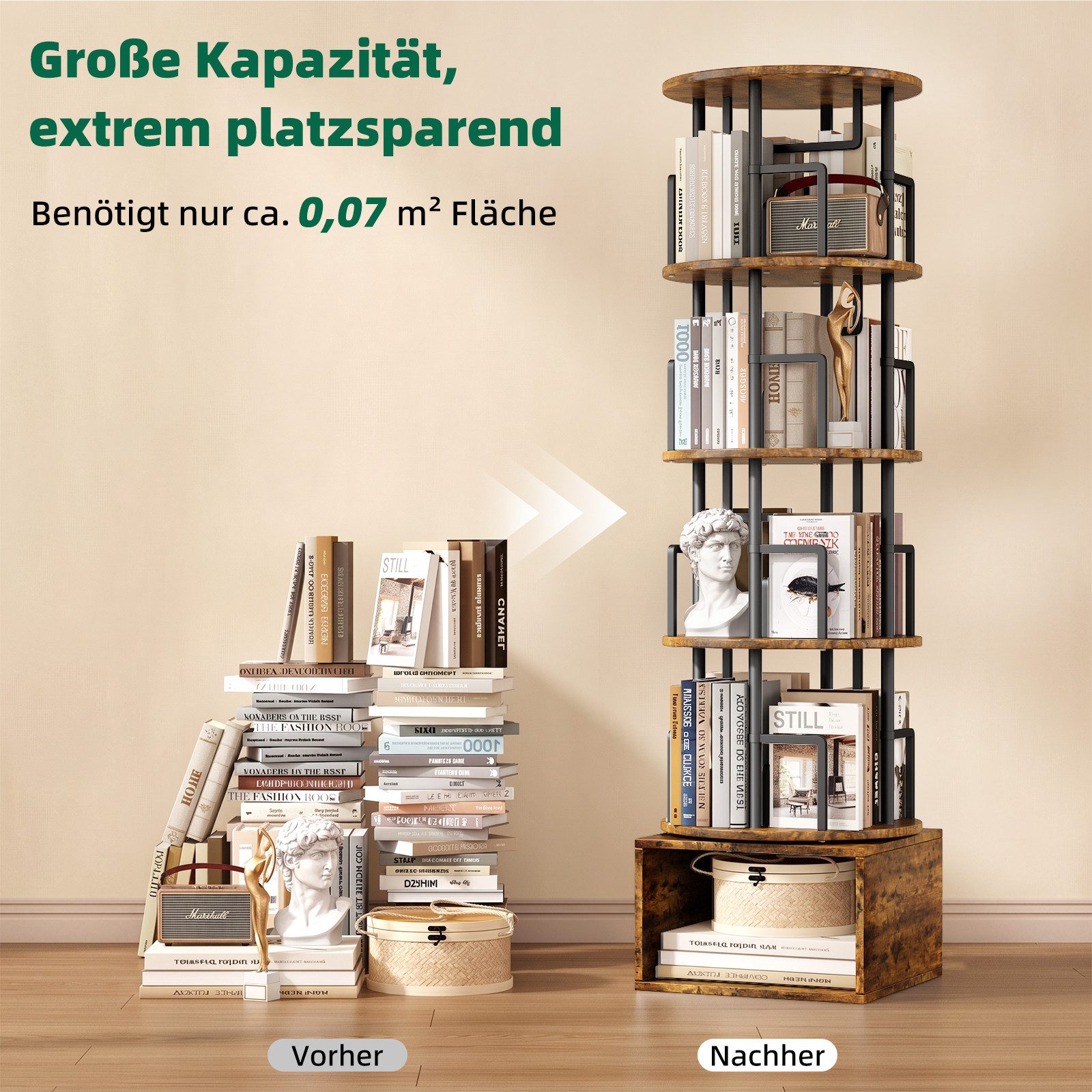Kalrin Bücherregal 360° Drehbarer Bücherregal 5-Ebenen mit Unterschrank, Platzsparendes Standregal für Wohnzimmer & Schlafzimmer