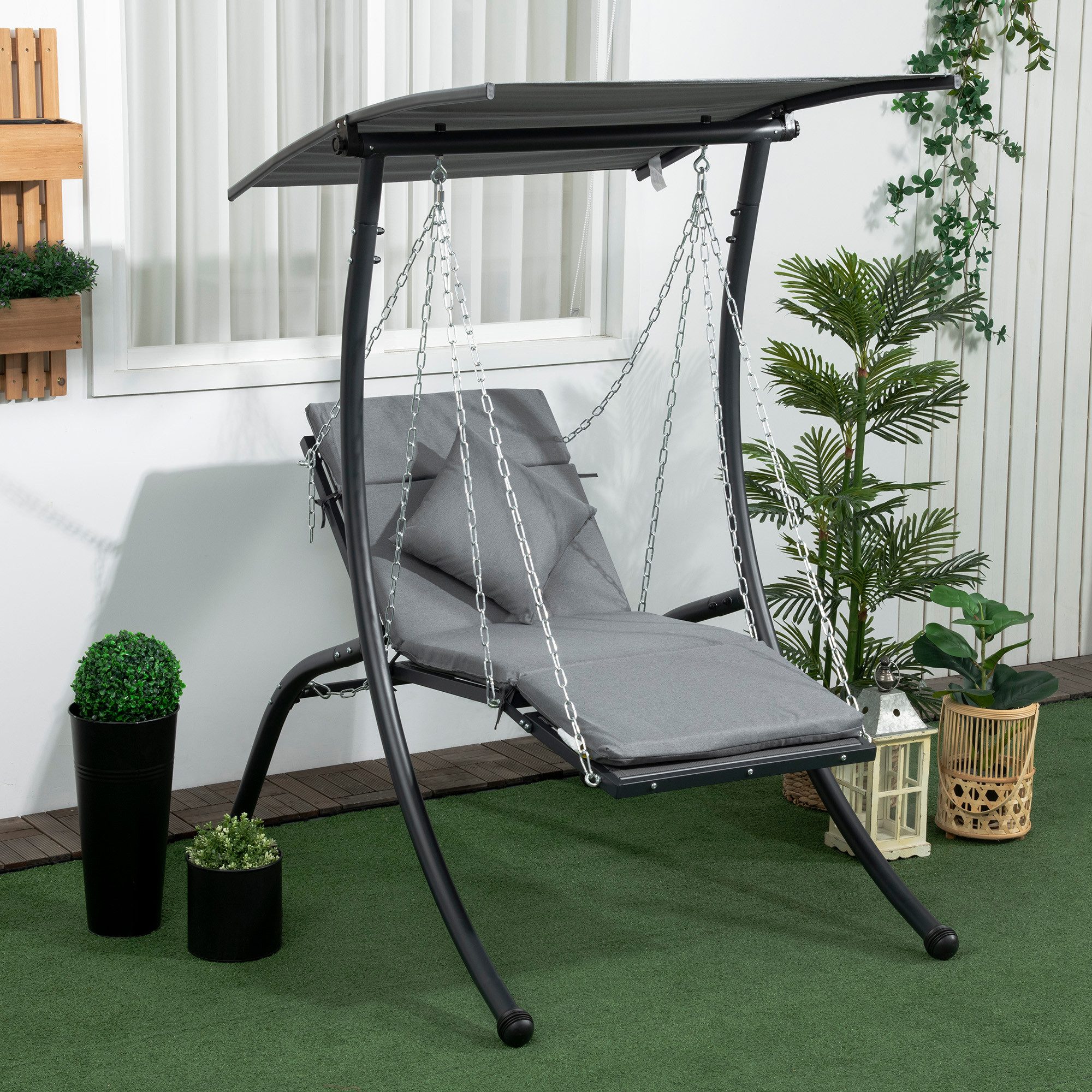 Outsunny Hollywoodschaukel Gartenschaukel mit Kissen, Hängeliege, Balkon, Stahl, 1-Sitzer, Bettfunktion, Hollywoodschaukel, 1 tlg., Gartenschaukel, für Garten, Dunkelgrau