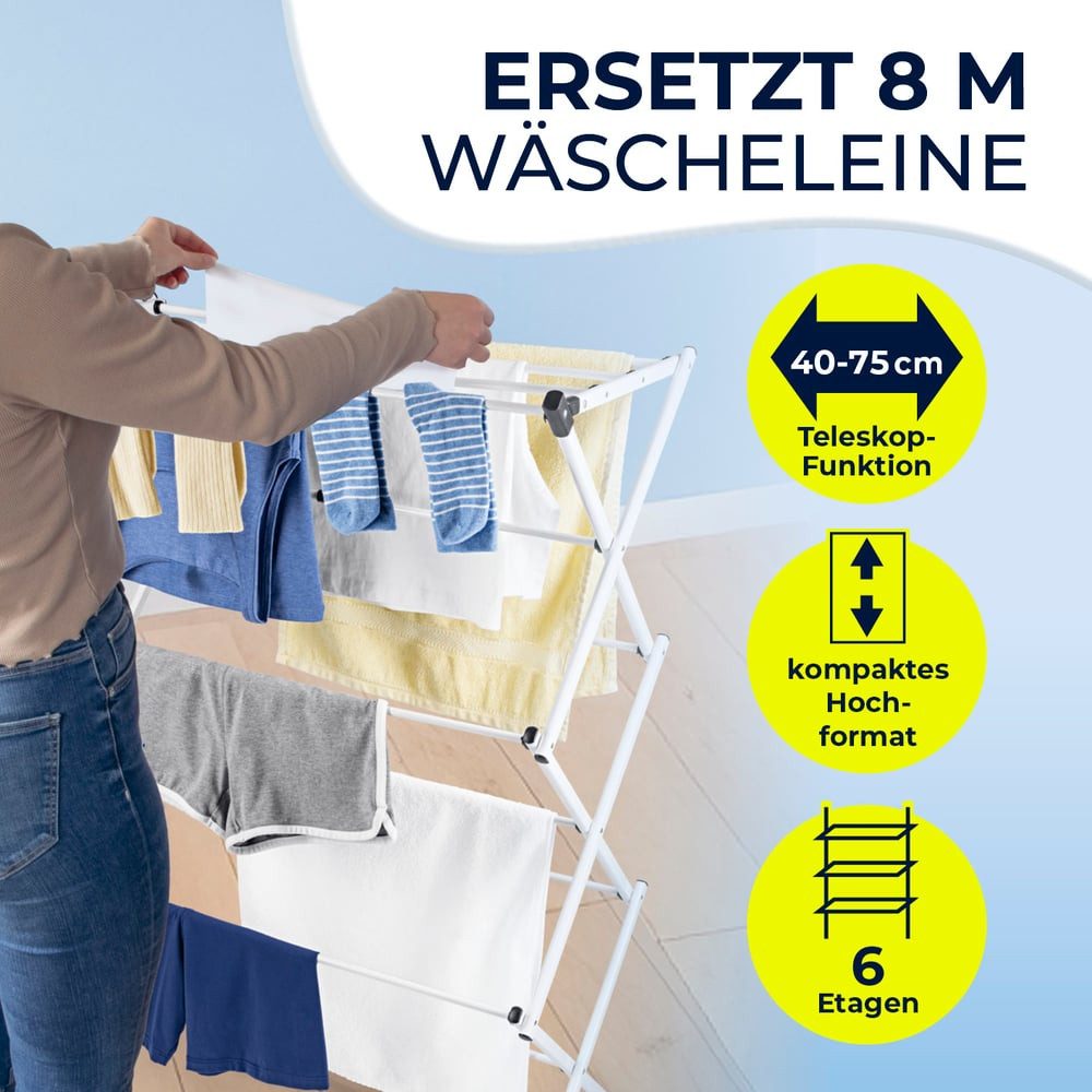 EASYmaxx Wäscheständer Teleskop Wäscheturm mit 8 m Trockenlänge, faltbar platzsparend & leicht klappbar Standtrockner in Klein & Schmal
