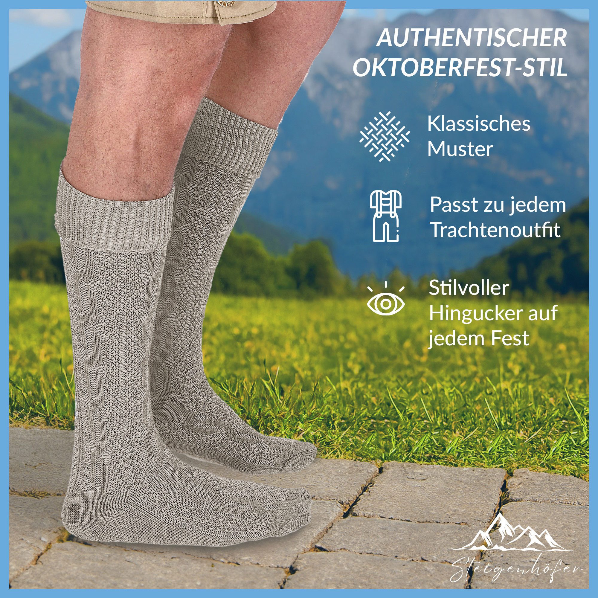 Steigenhöfer Manufaktur Trachtensocken für Herren und Damen – Socken mit Zopfmuster und Edelweißanstecker Oktoberfest Strümpfe aus Baumwolle für Männer & Frauen