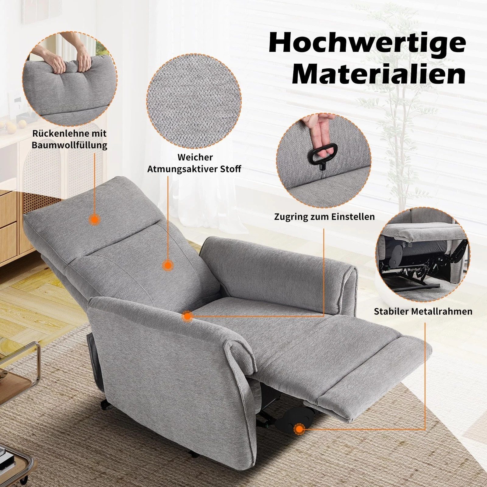 CANMOV Relaxsessel Massagesessel Manuell verstellbarer Fernsehsessel für Wohnzimmer (Relaxsessel mit Hocker)