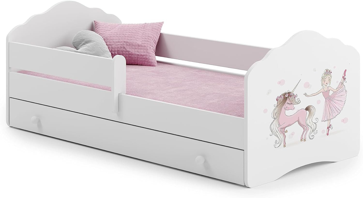 Kids Collective Kinderbett für Mädchen mit Matratze und Schublade & Lattenrost (70x140, 80x160 cm Jugendbett Einzelbett Komplettbett in weiß mit Pferd Motiv), Bett für Kinder Bett komplett Set Rausfallschutz Kinderbett 80x160 cm
