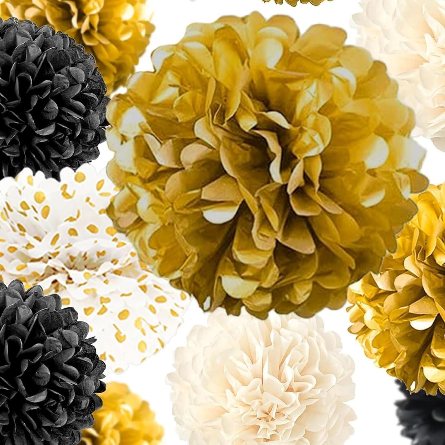 LuxusKollektion Pompon Pompons 15 Stück Seidenpapier Weiß Dots Girlande Hochzeit Schwarz Gold