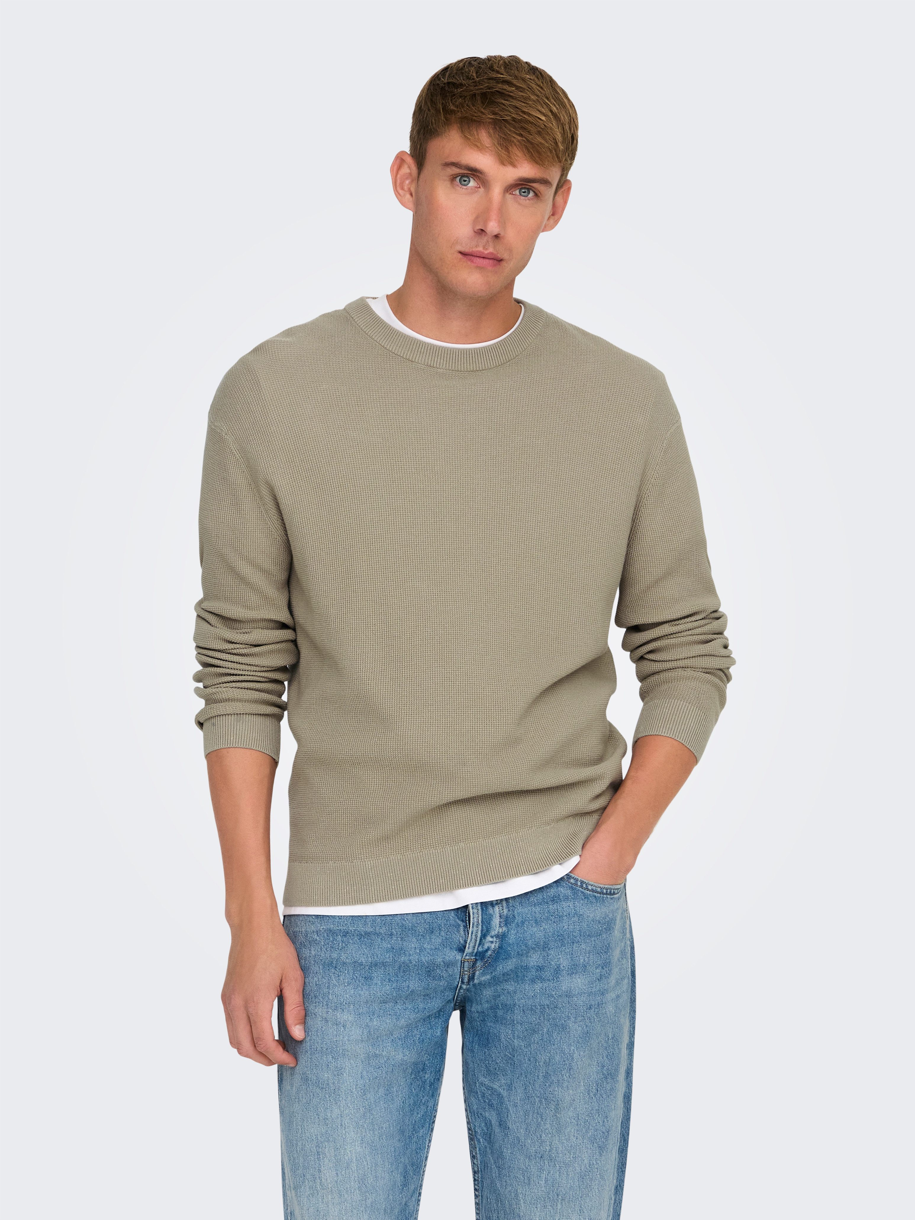 ONLY & SONS Rundhalspullover ONSTONY DS 12 LS WAFFLE CREW KNIT Baumwolle, r günstig online kaufen