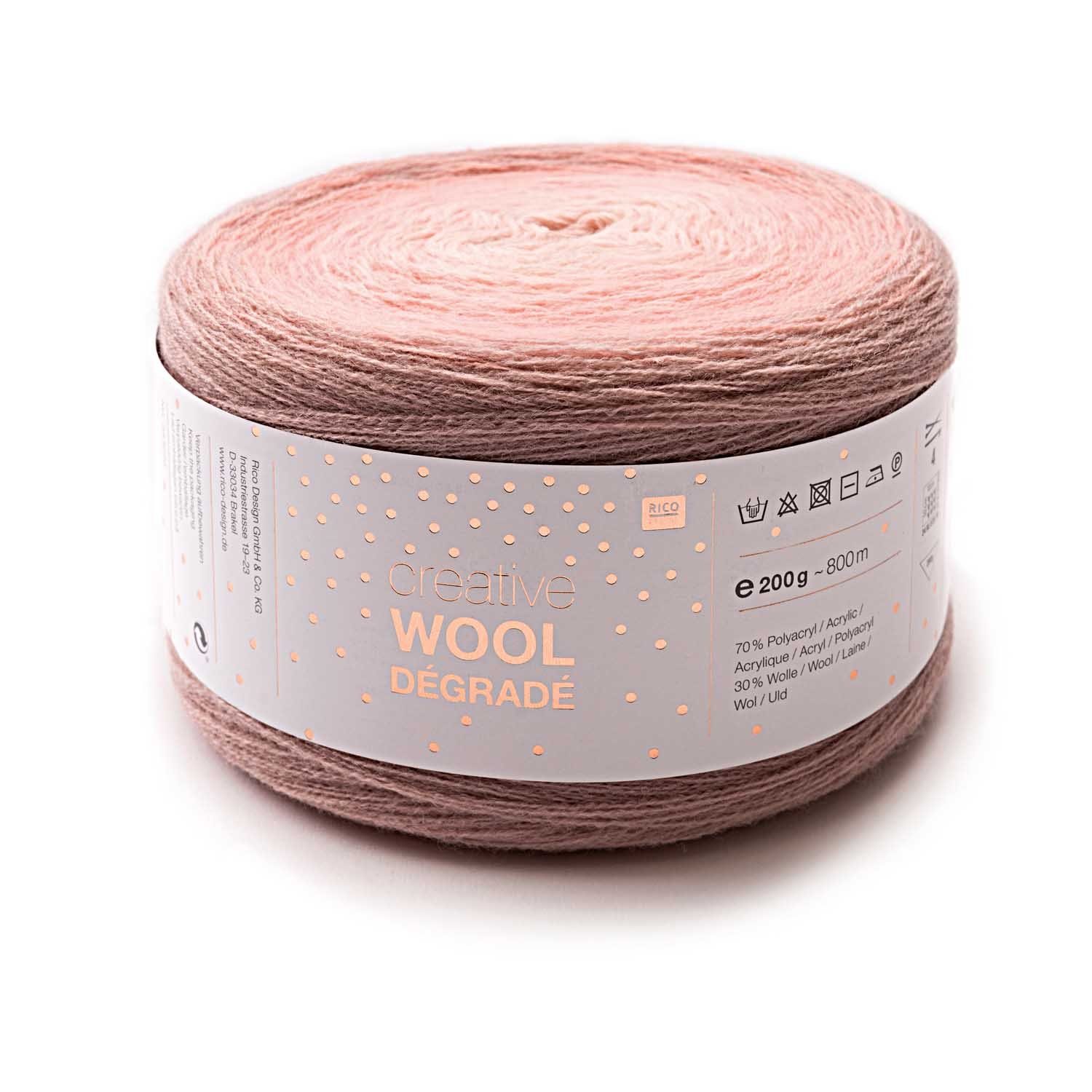 Rico Design Creative Wool Degrade & Super6 Farbverlaufswolle Stricken Häkeln Häkelwolle, 800,00 m (200g Strickwolle Strickgarn Handstrickgarn mit Farbverlauf, Farbverlaufsgarn mit Wolle zum stricken und häkeln), mit Anleitung für 1 Tuch in der Bandarole