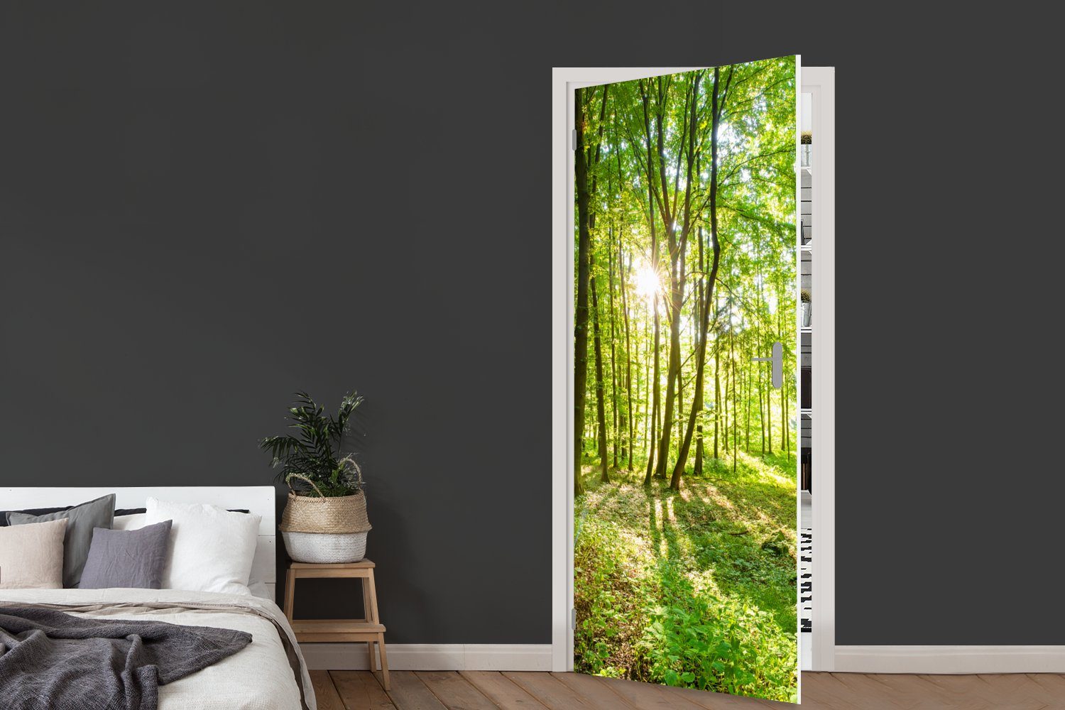 MuchoWow Türtapete Natur - Bäume - Wald - Grün - Sonnenlicht, Matt, bedruckt, (1 St), Selbstklebende Tapete, Folie für Möbel, 75x205 cm – Bild 5 von 5