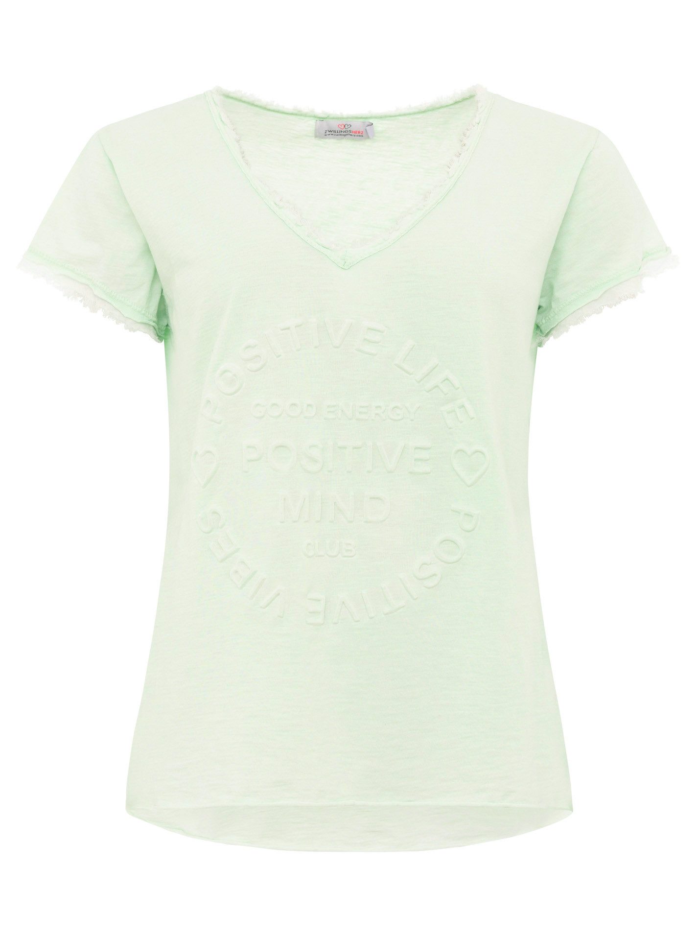 Zwillingsherz T-Shirt "Positive Mind" Fransen, V-Ausschnitt