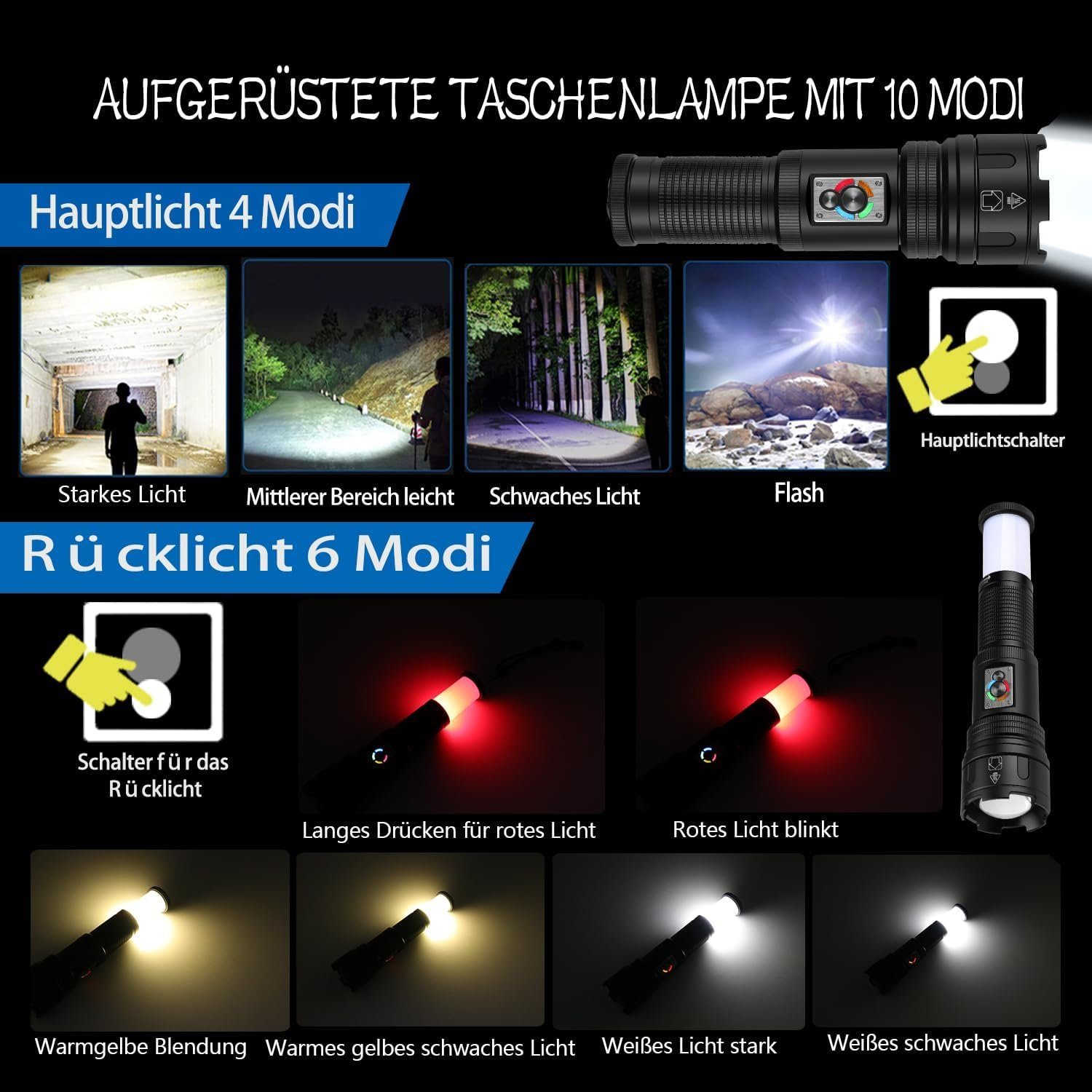 DOPWii Taschenlampe Superhelle 10 Wasserdicht Modi,Starke Flashlight,150000LM,Campinglampe