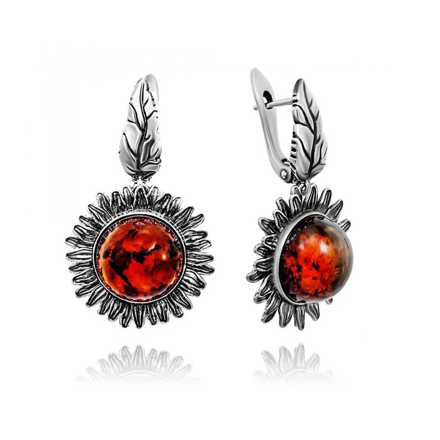 Paar Ohrhänger Ohrringe "Sonnenblume" 925 Silber mit Bernsteinen