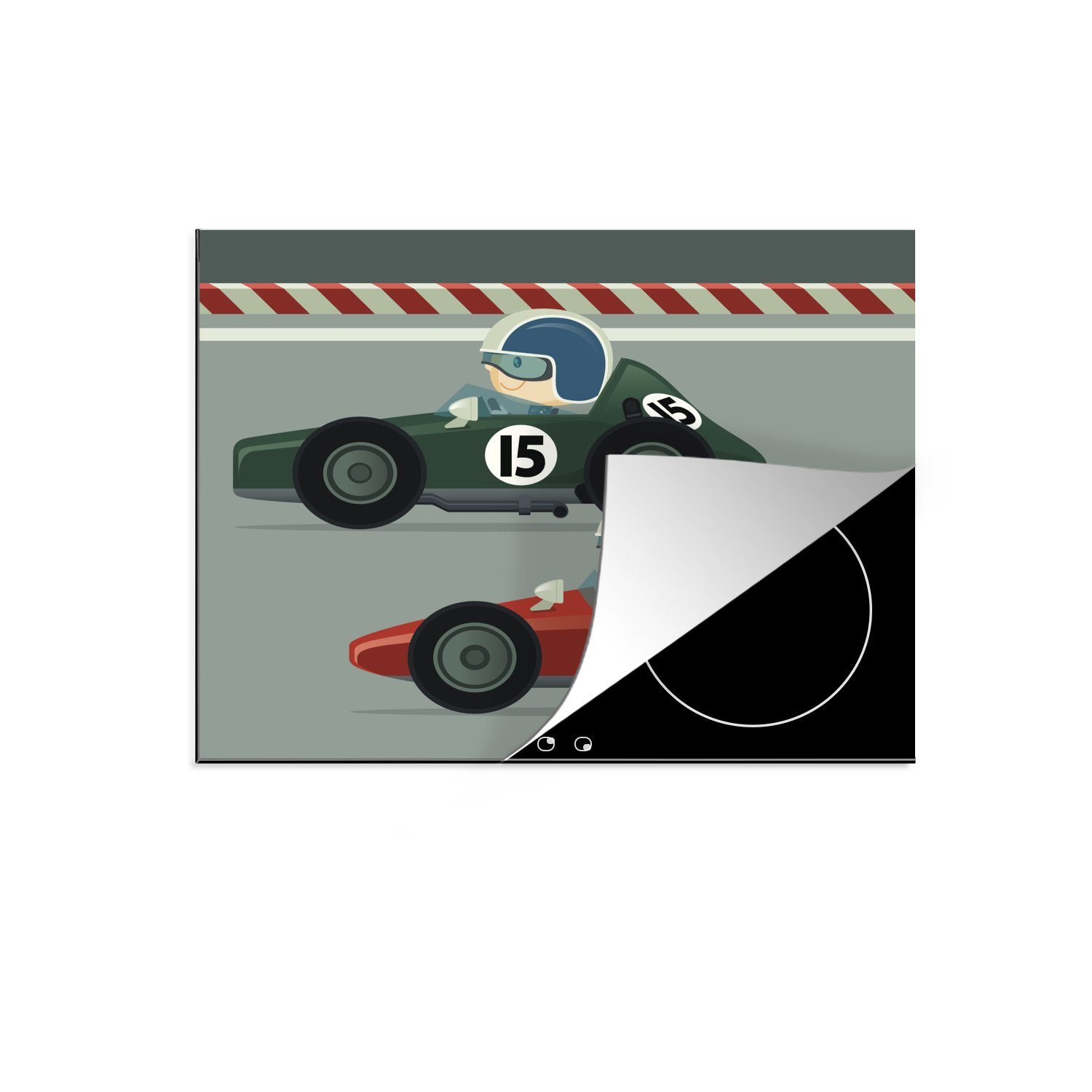 MuchoWow Herdblende-/Abdeckplatte Illustration eines roten und eines grünen Rennwagens, Vinyl, (1 tlg), 60x52 cm, Mobile Arbeitsfläche nutzbar, Ceranfeldabdeckung