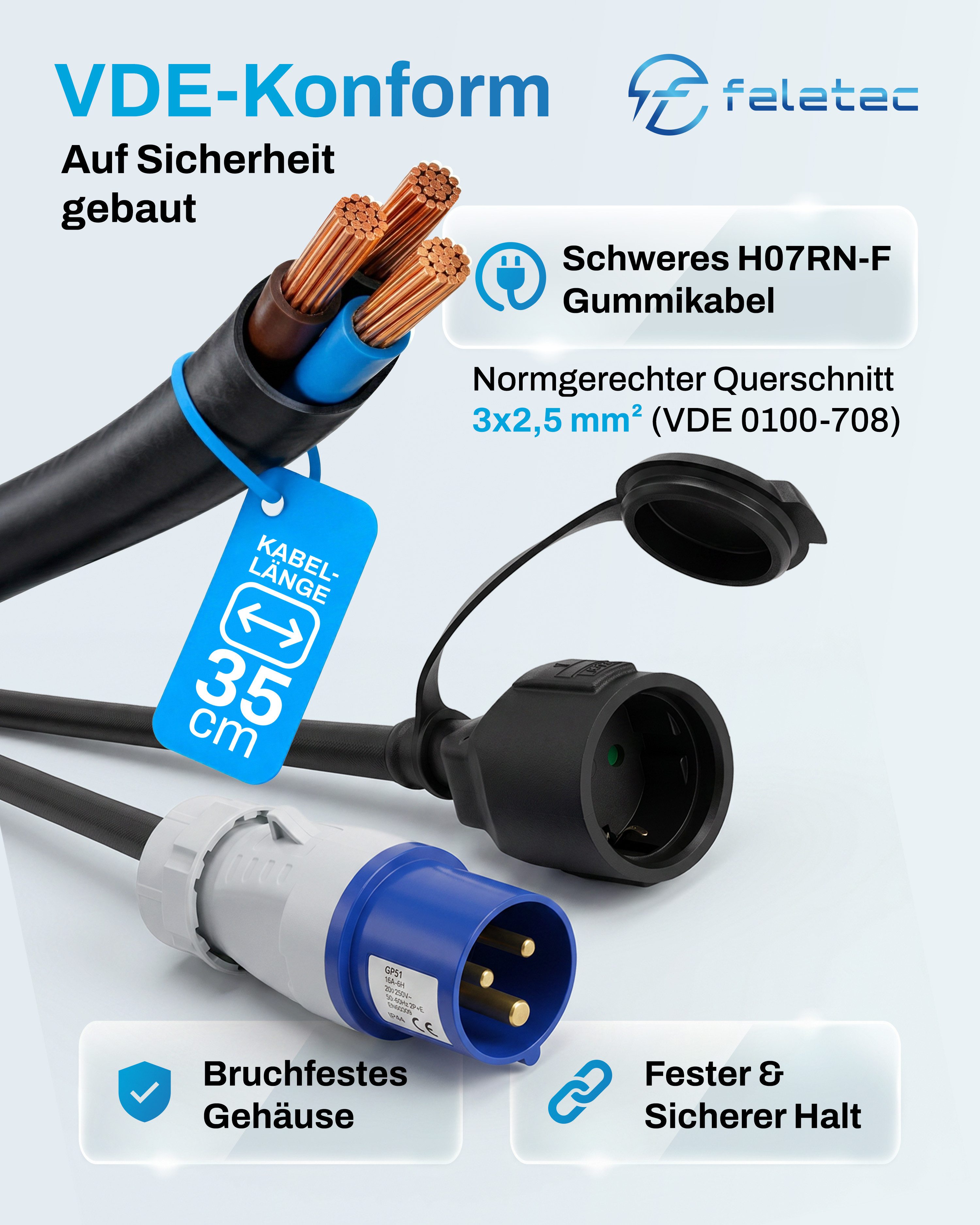 feletec CEE Adapter CEE Stecker auf Schuko Kupplung, 35cm Länge, IP44 CEE-Adapterkabel