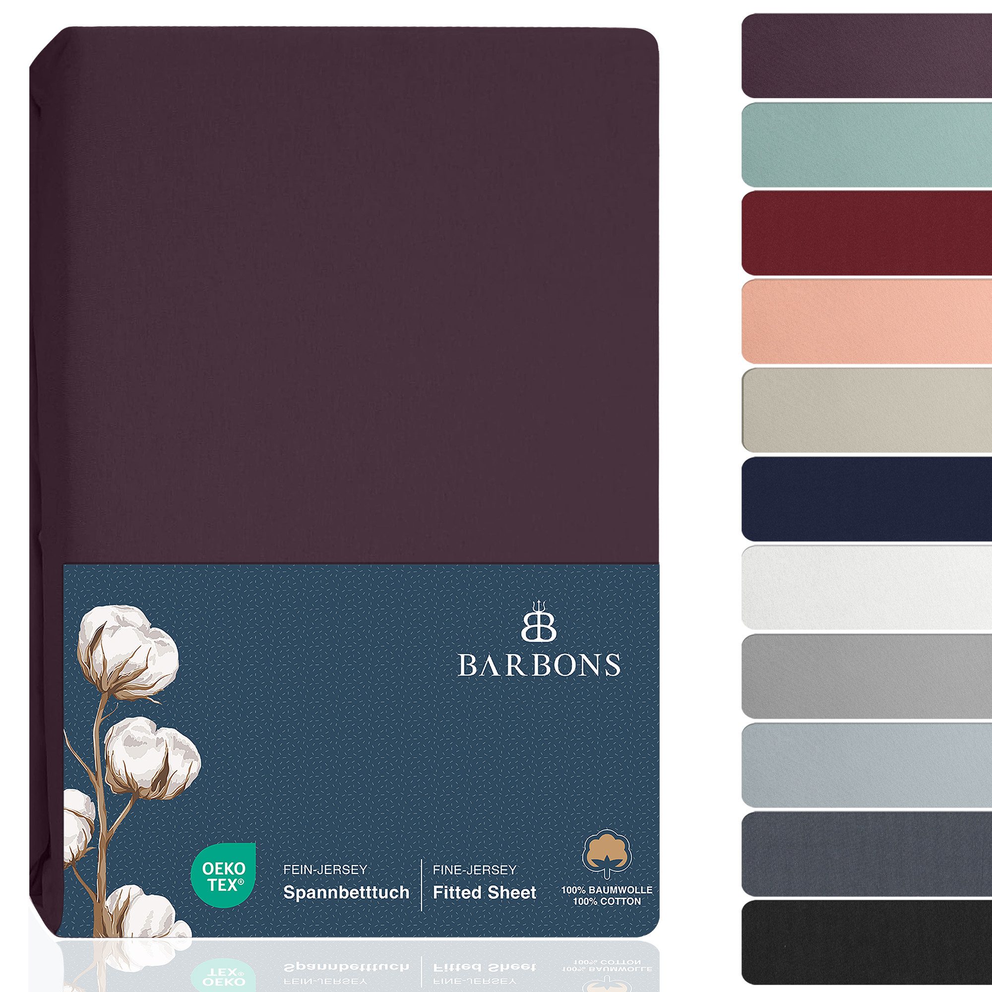 BARBONS Spannbettlaken Jersey Bettlaken, 145 g/m² Spannbetttuch, bis zu 25cm Höhe, Topper, 100% Baumwolle, Gummizug: rundum, (1 Stück), Rundumgummi, Atmungsaktiv