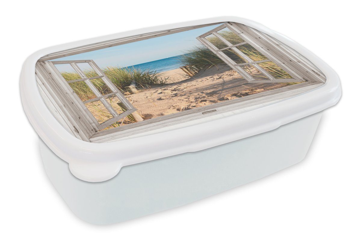 Brotdose, Erwachsene, MuchoWow - weiß (2-tlg), Jungs - Kinder Dünen Hochgras, - Mädchen Lunchbox Sand Brotbox Kunststoff, Meer - Durchblick Strand und Wasser - für und für -