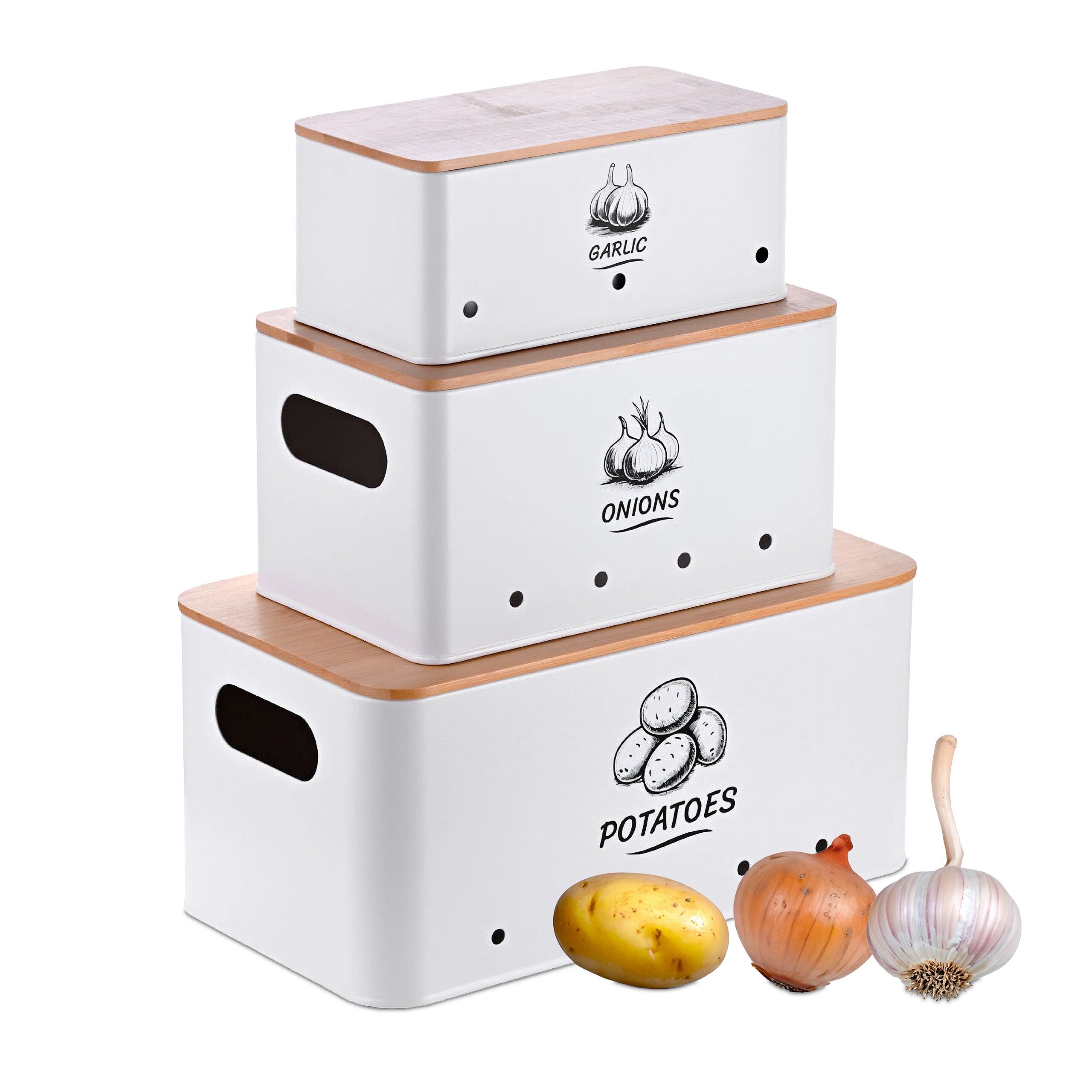 relaxdays Vorratsdose Aufbewahrungsbox 3er Set Bambusdeckel, Stahl, (3-tlg), weiß