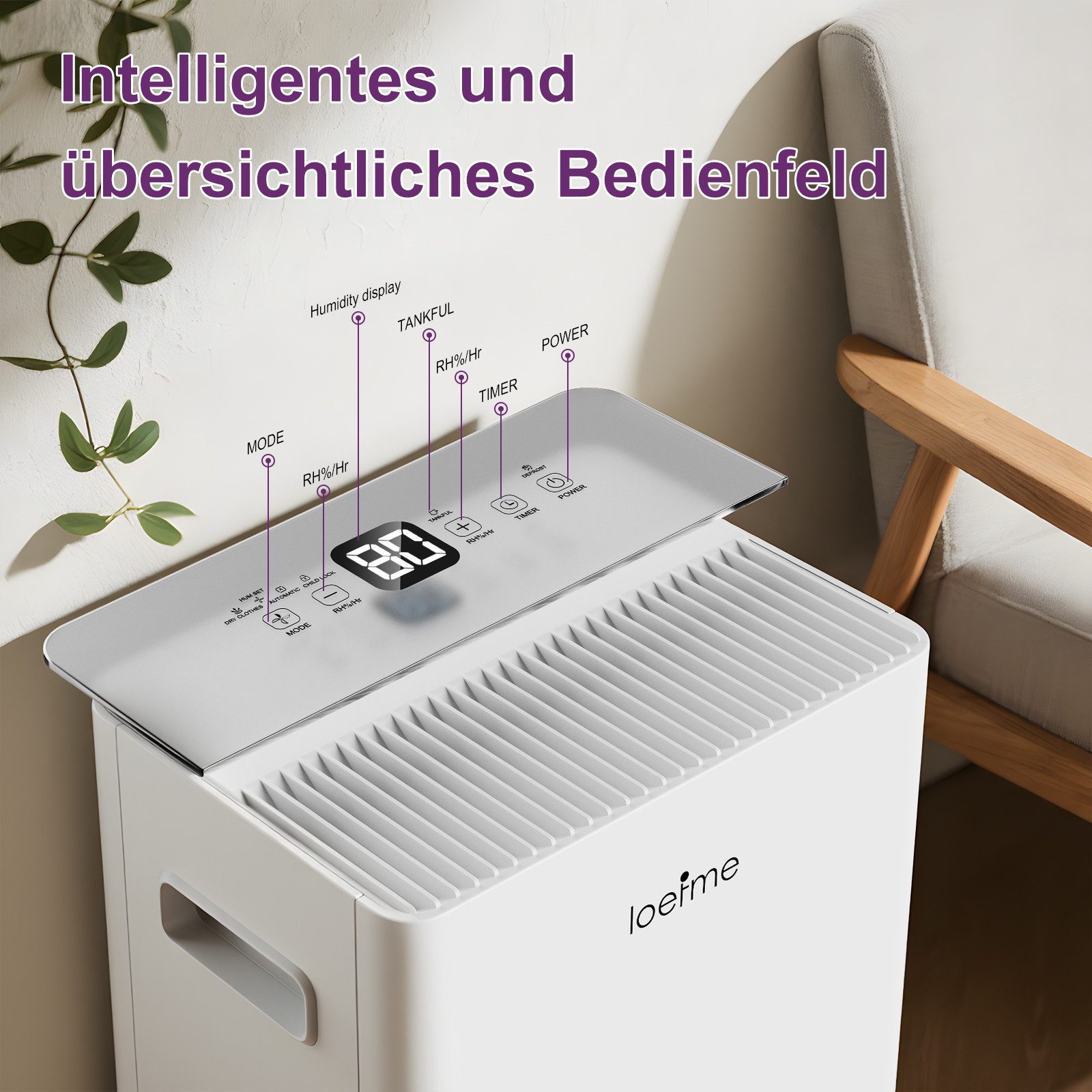 loefme Luftentfeuchter Energieeffizienter Luftentfeuchter, 2 Entwässerungsmethoden, für 70 m³ Räume, Entfeuchtung 8 l/Tag, Tank 1,5 l, Wäschetrocknung, SLEEP-Modus, Dehumidifier, Automatisches Abtauen