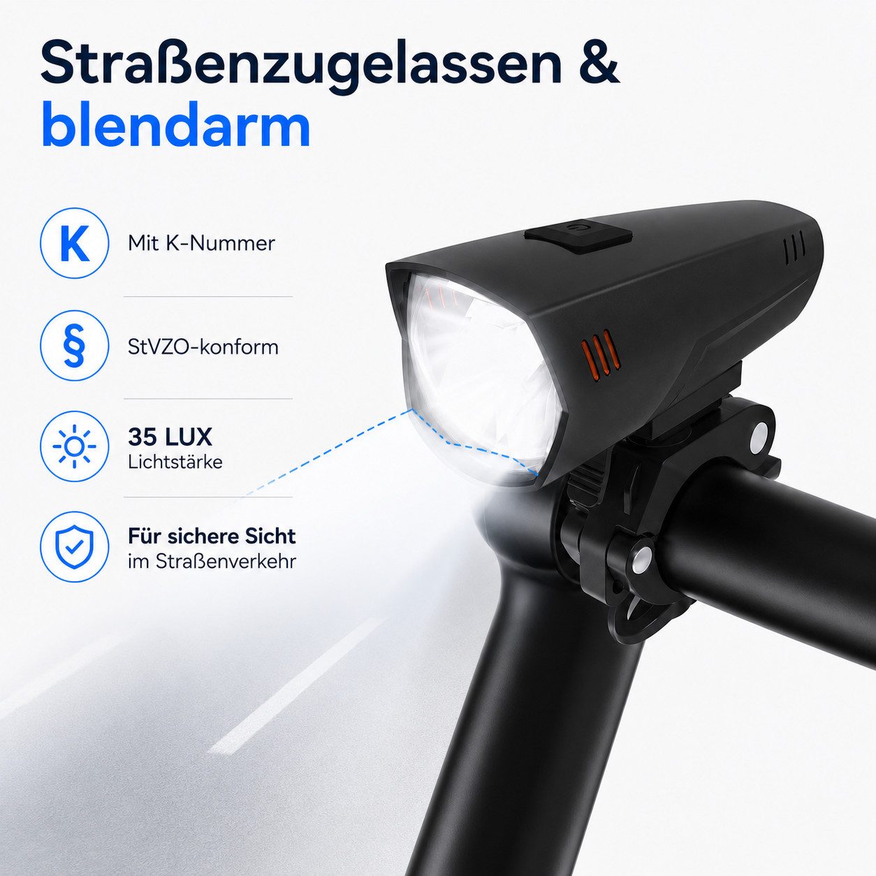 Kityhome Fahrrad-Frontlicht Fahrradlicht StVZO mit K-Nummer, 60LUX USB Frontlicht, Universell für alle Fahrradlenker