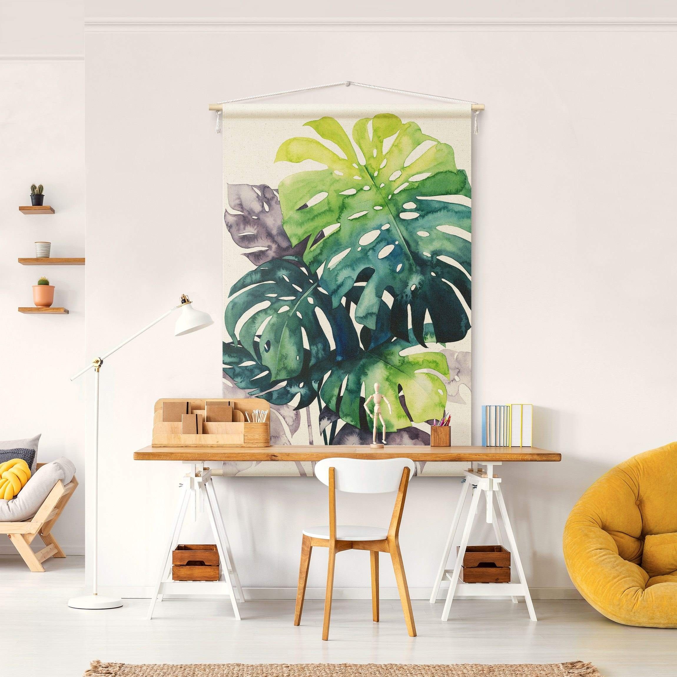 Bilderdepot24 Wandteppich modern Aquarell Tropisch grün, rechteckig, Höhe: 2.6 mm, großes Wandbild aus Natur-Baumwolle Wandbehang Stoffbild Tuch Wollseil