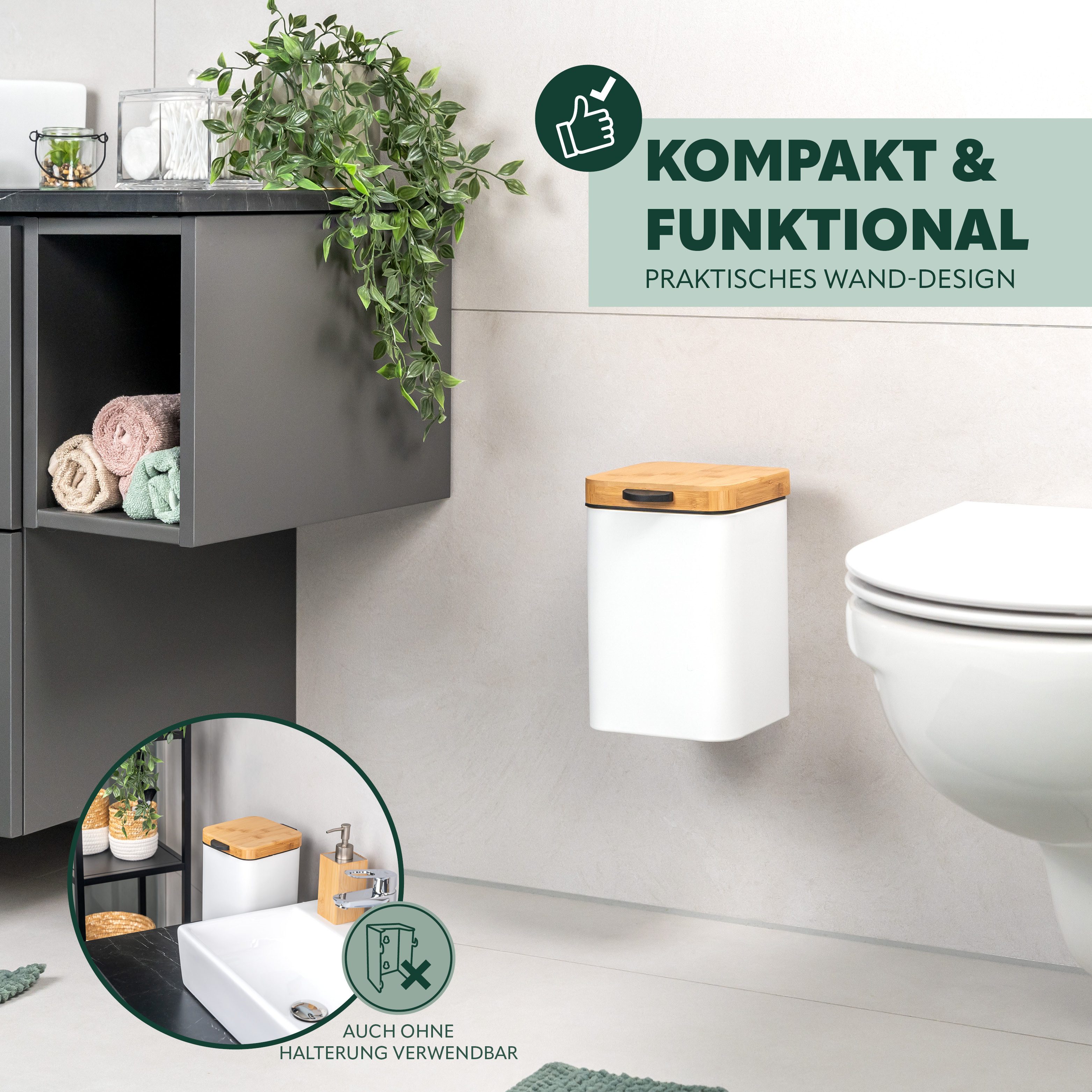 bremermann Kosmetikeimer Wand-Kosmetikeimer 3 l, Badmülleimer 2-Wege-Montage, eckig