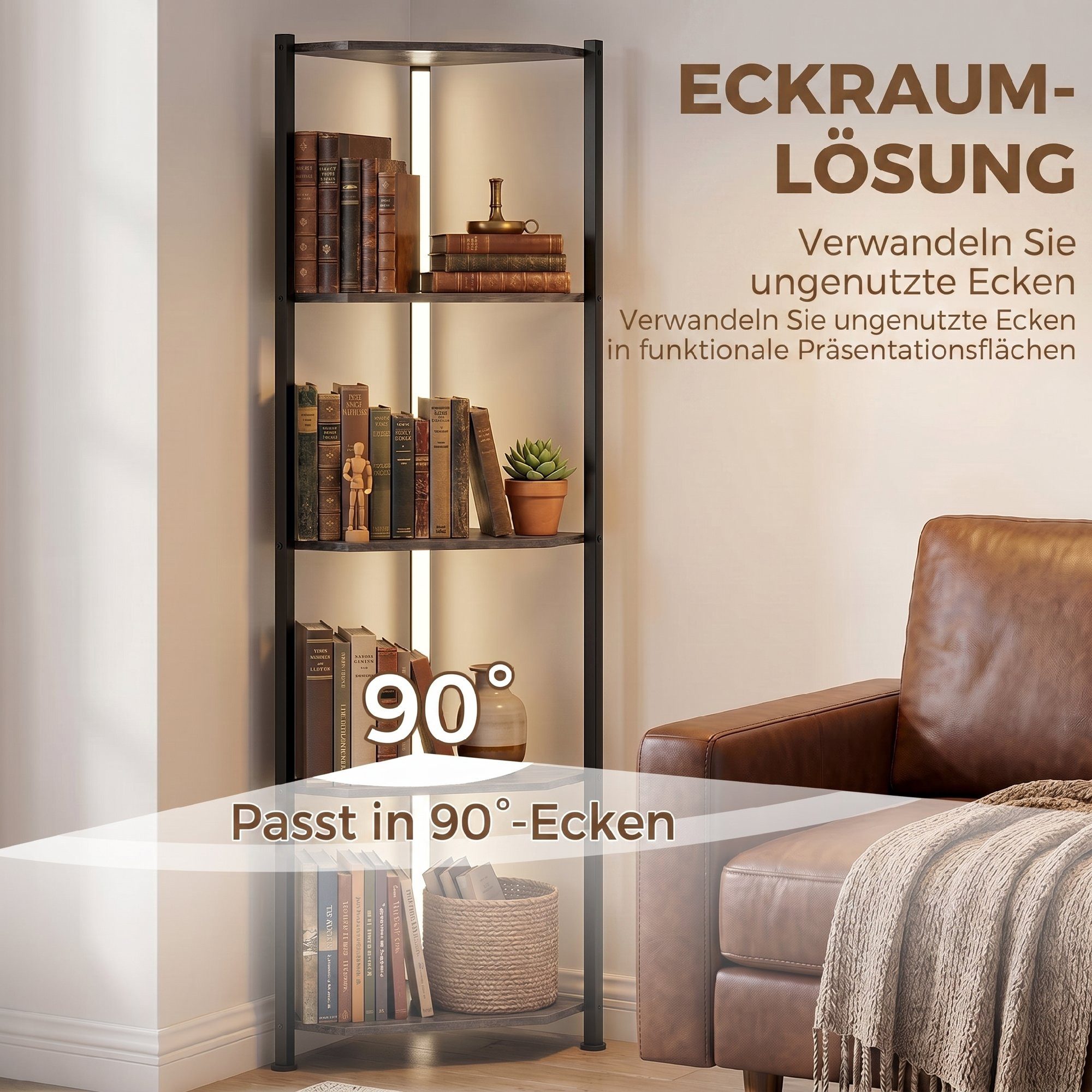 HOMCOM Bücherregal Regal 5 Ebenen Aufbewahrungsregal mit Metallrahmen Rustikal-Braun, Eckregal 2-tlg., LED-Beleuchtung, Eckregal, platzsparend – Bild 5 von 5