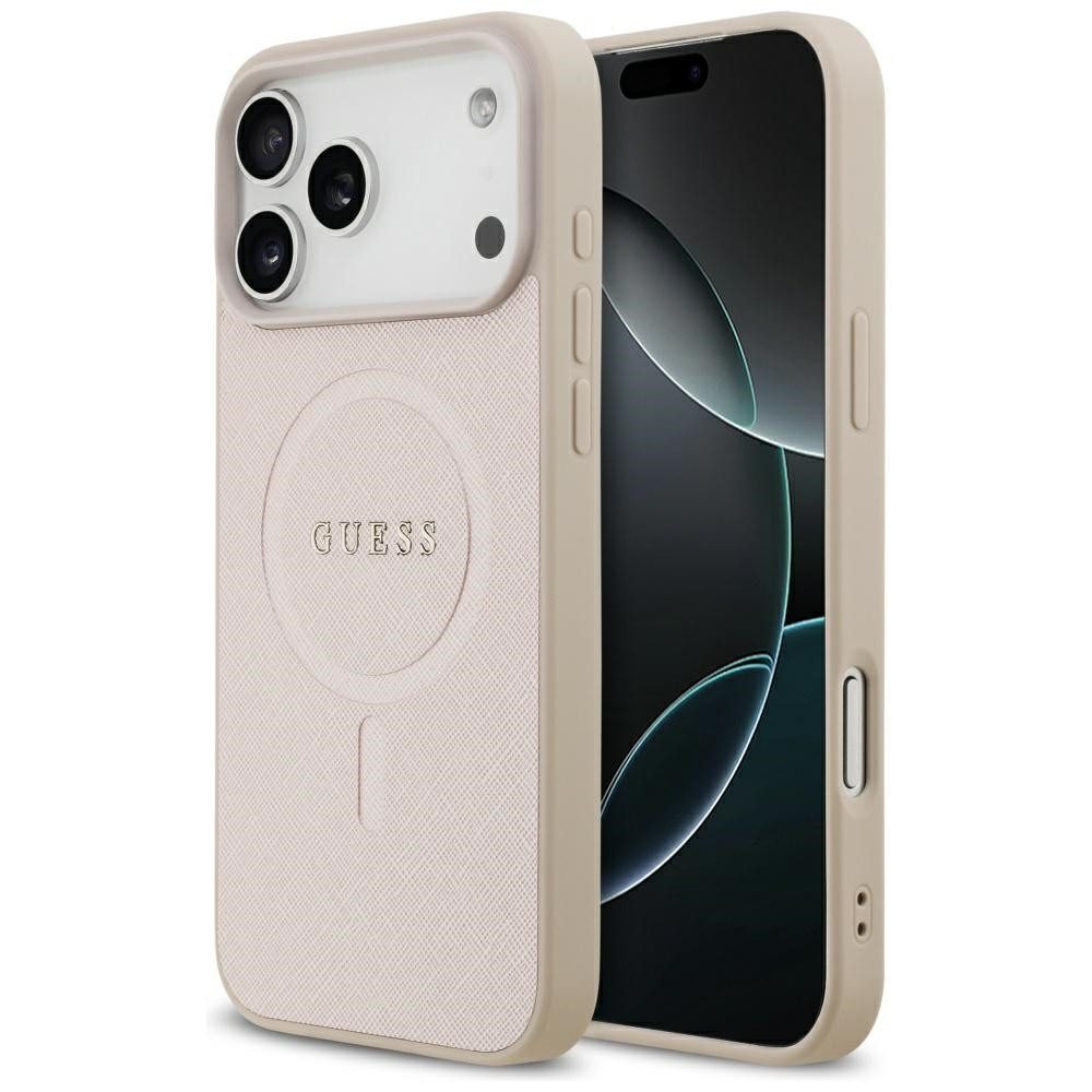 Guess Handyhülle iPhone 17 Pro Max Kunstleder geprägt rosa Logo goldfarbig MagSafe 6,9 Zoll, Kantenschutz