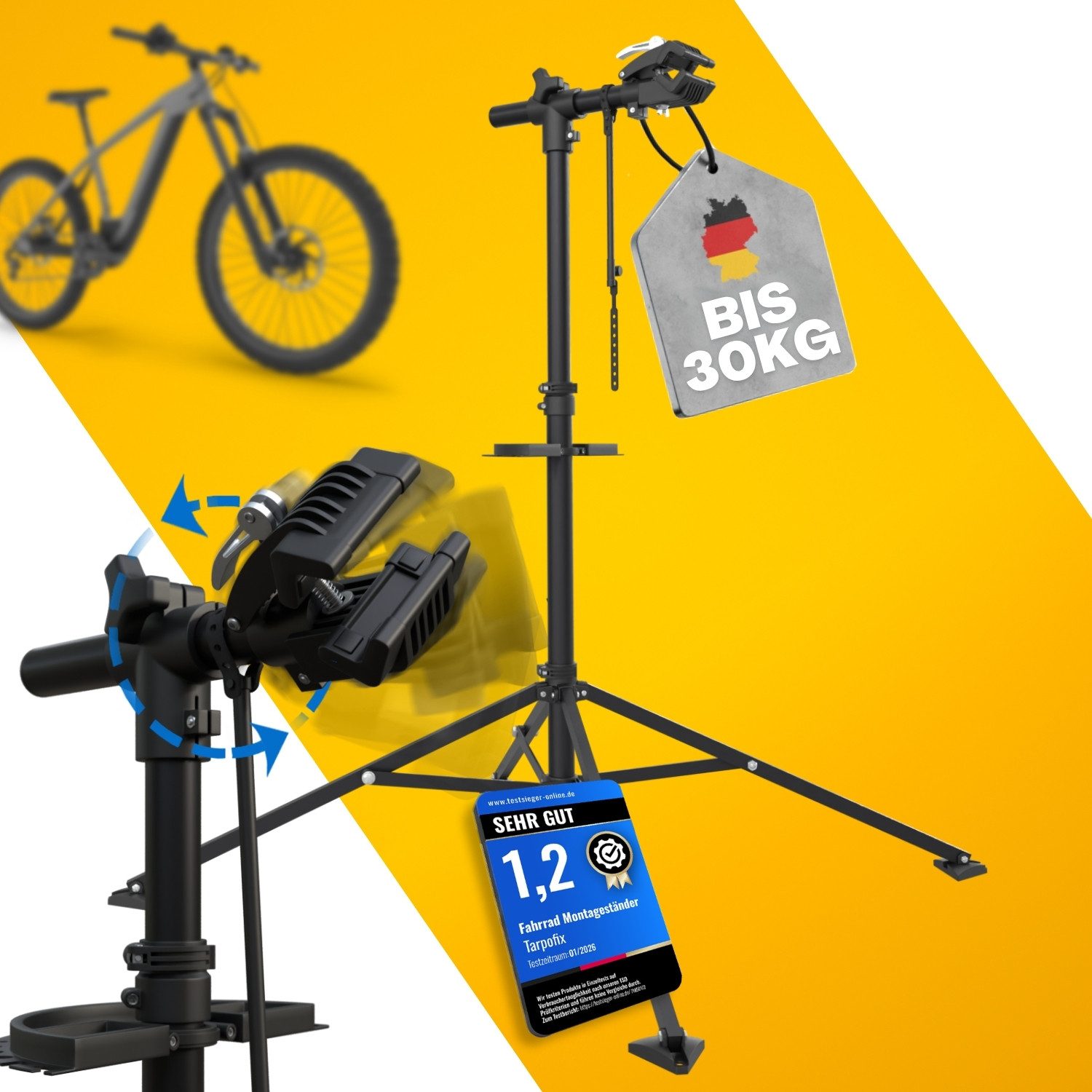Tarpofix® Fahrrad-Montageständer Fahrrad Montageständer 30 kg klappbar Reparaturständer, Schwarz: Fahrrad Reparaturständer schwarz mit 360° Klemmkopf