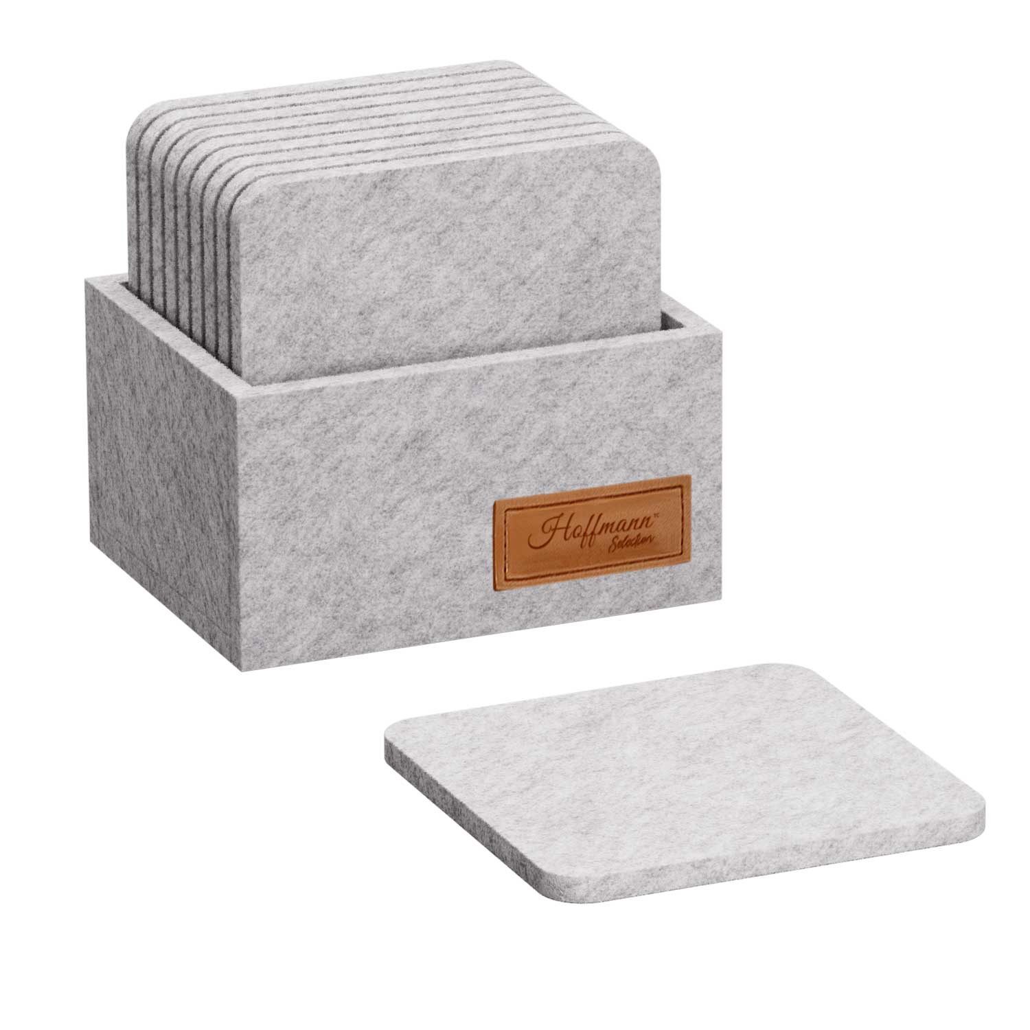 Hoffmann Germany Glasuntersetzer Filz 10×10 cm, 10er-Set mit Box, hellgrau, hitzebeständig, Zubehör für alle Gläser und Tassen bis 10 cm, Set, 11-tlg., 5 mm Filz, abwaschbar, 200°C, 90% Polyester, quadratisch