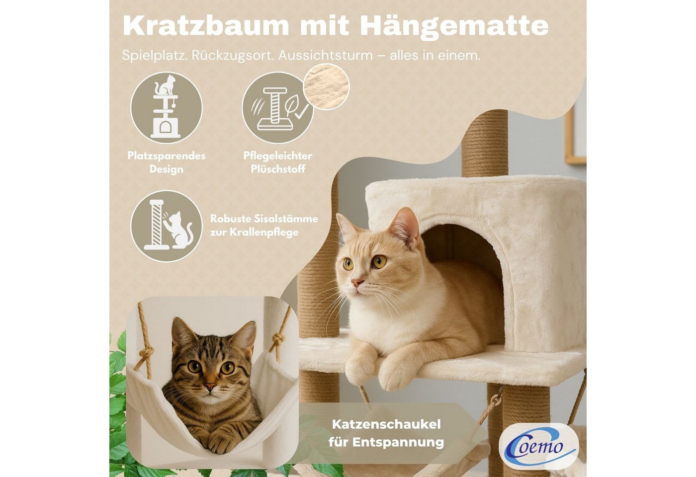 Thumbnail - Coemo Kratzbaum, Wohnungskatzen stabiler Katzenturm, mit Hängematte Höhle Kletterbaum