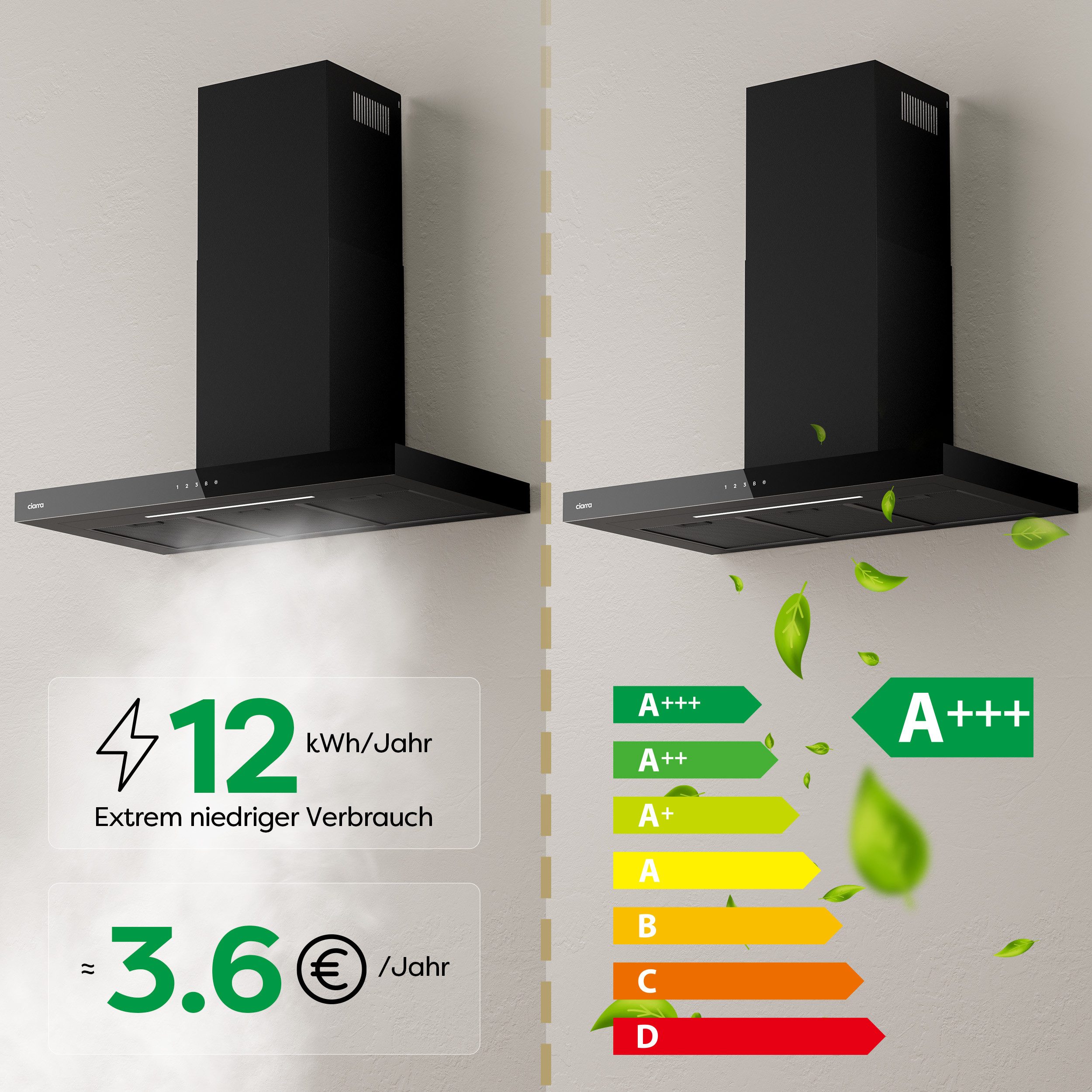 CIARRA Wandhaube 90 cm Dunstabzugshaube A+++ 709 m³/h Umluft & Abluft 4 Stufen CBCB9102 Aktivkohlefiltern, Fettfiltern, LED, WIFI-APP Touch Control mit BOOST – Bild 3 von 5