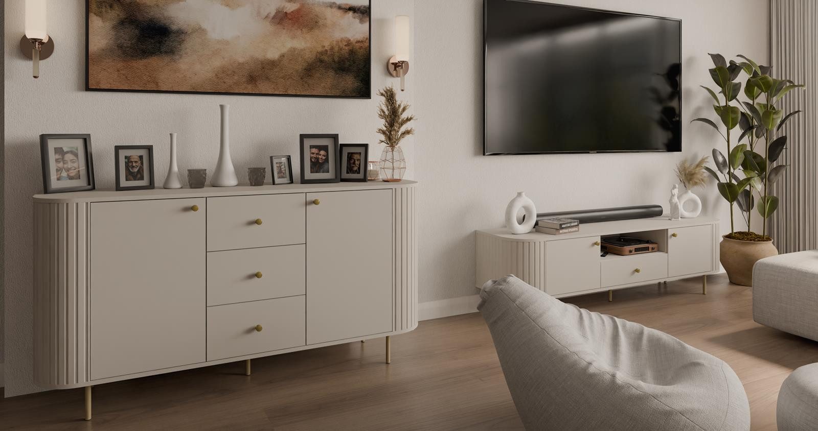 Compleo Standvitrine mit 2 Schubladen, Stauraumvitrine mit 2 Türen, Breite: 123 cm OVI, viel Stauraum, Höhe 155 cm