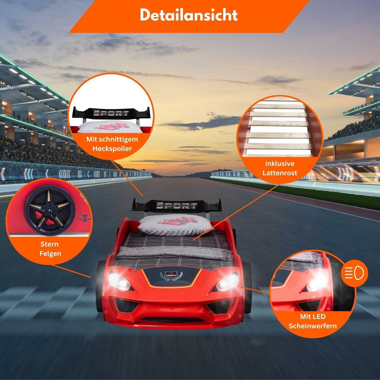 TRAUMMÖBEL Autobett TURBO V2 (Komplett-Set Bett und Lattenrost), Rot Kinderbett 90x200 cm Rennwagenbett Spielbett LED-Beleuchtung