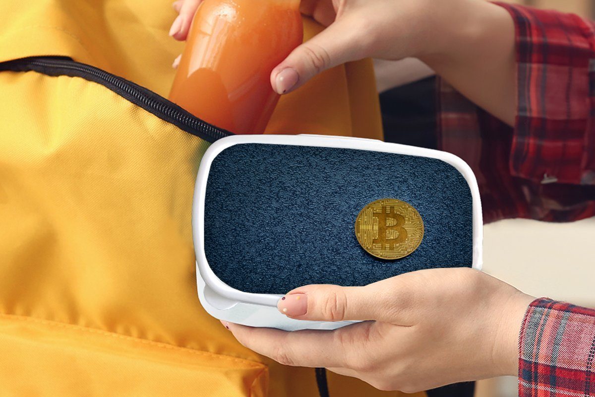 und Mädchen Kinder Brotbox auf weiß und Erwachsene, Bitcoin Jungs Lunchbox Gold für dunklem Kunststoff, Hintergrund, für (2-tlg), MuchoWow Brotdose,