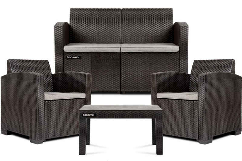 Konsimo Loungeset HORILES Gartenmöbel-Set, Gartenlounge-Set, (2x Gartensessel, Maße: 67.6x76x61.5 cm, 1x Tisch, 1x Gartensofa, 4-tlg), Polyrattan, mit Auflage