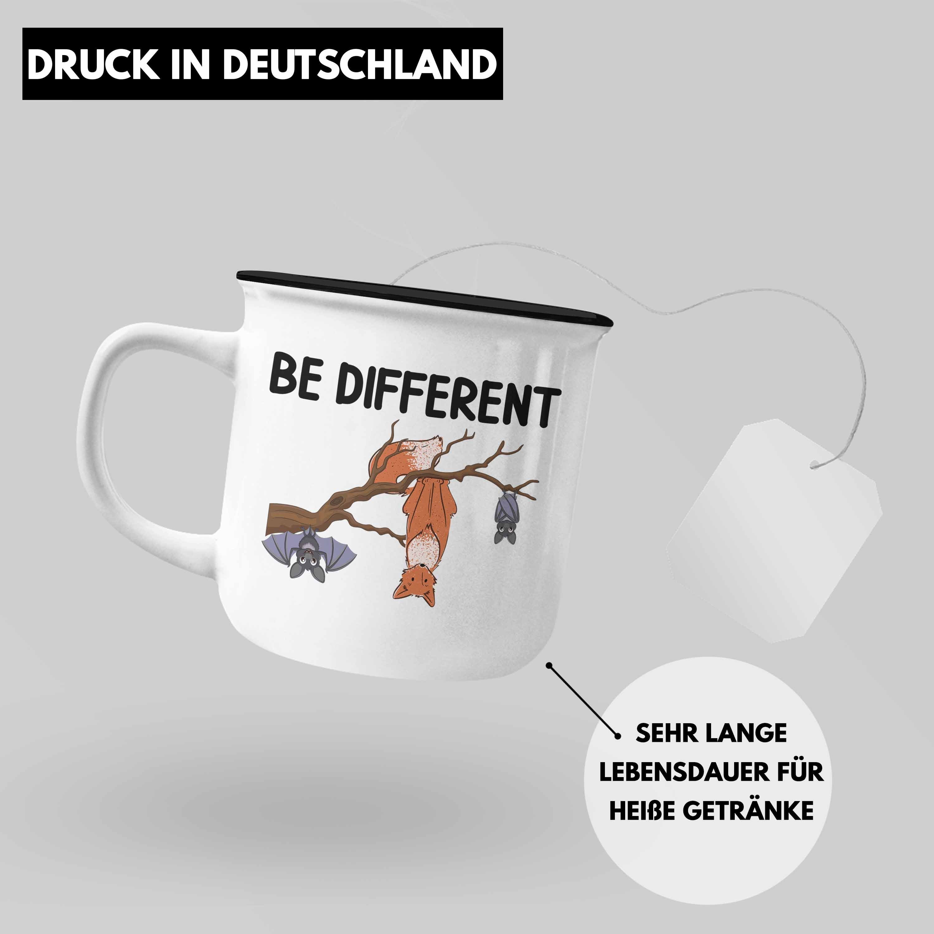 Trendation Thermotasse Trendation - Fuchs Different Fledermaus Emaille Geschenkidee Be Frauen Geschenk für Tasse Schwarz