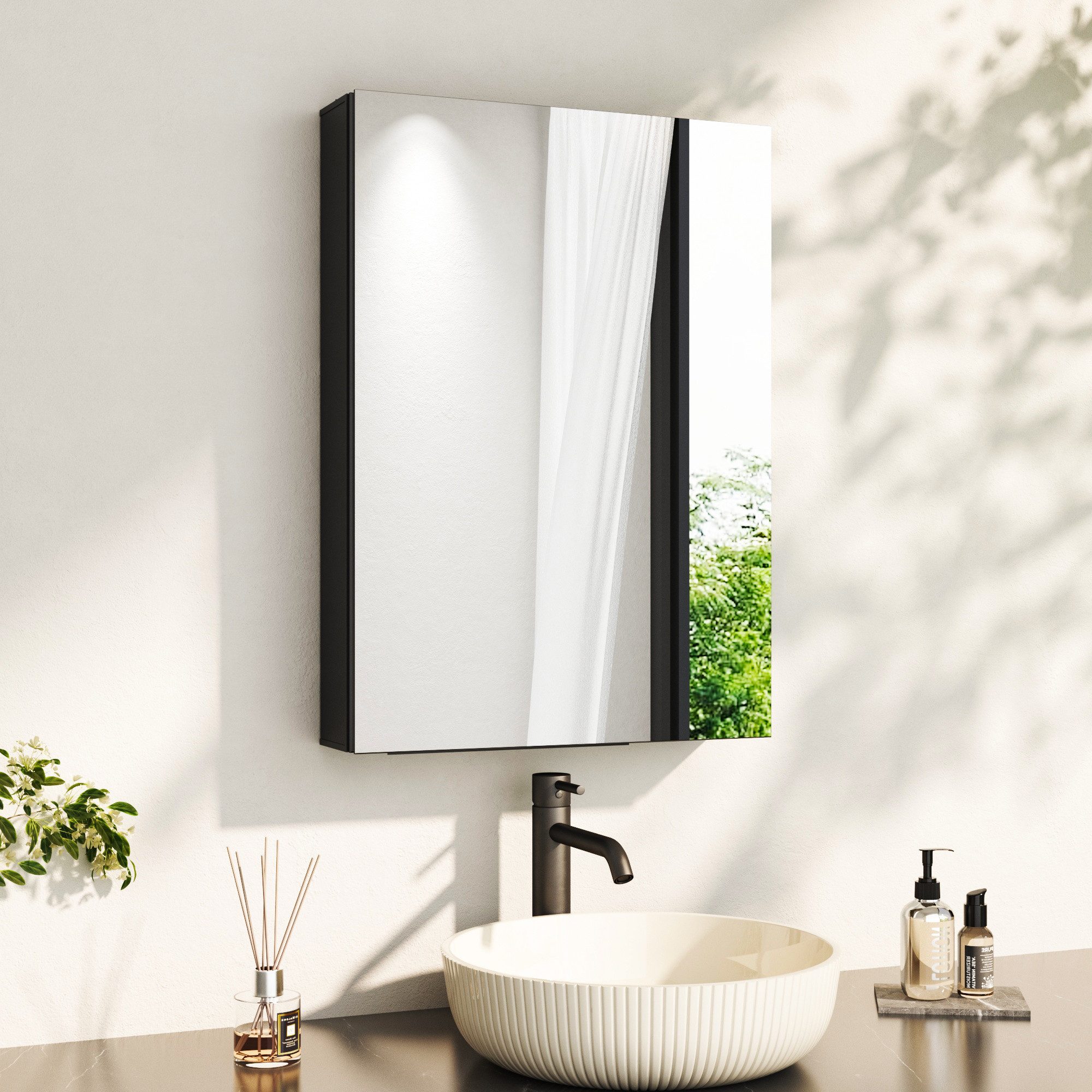 Hopibath Spiegelschrank Schwarz 50x70cm Badezimmer Spiegelschrank (Badezimmerspiegelschrank Aluminium, Eckig) Doppelspiegel, Verstellbare Glasböden, vormontiert geliefert