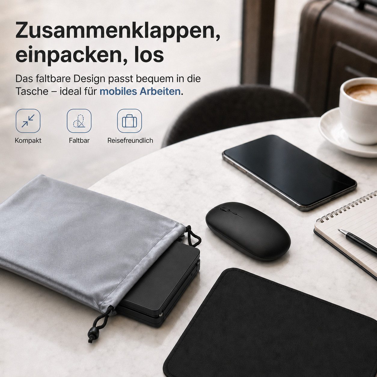 Tekoo Faltbare Bluetooth-Tastatur mit Maus, kabelloses Tastatur-Set Tastatur- und Maus-Set, (Tastatur-Maus-Set, 4-teiliges Set), Multi-Device-Verbindung für bis zu 3 Geräte