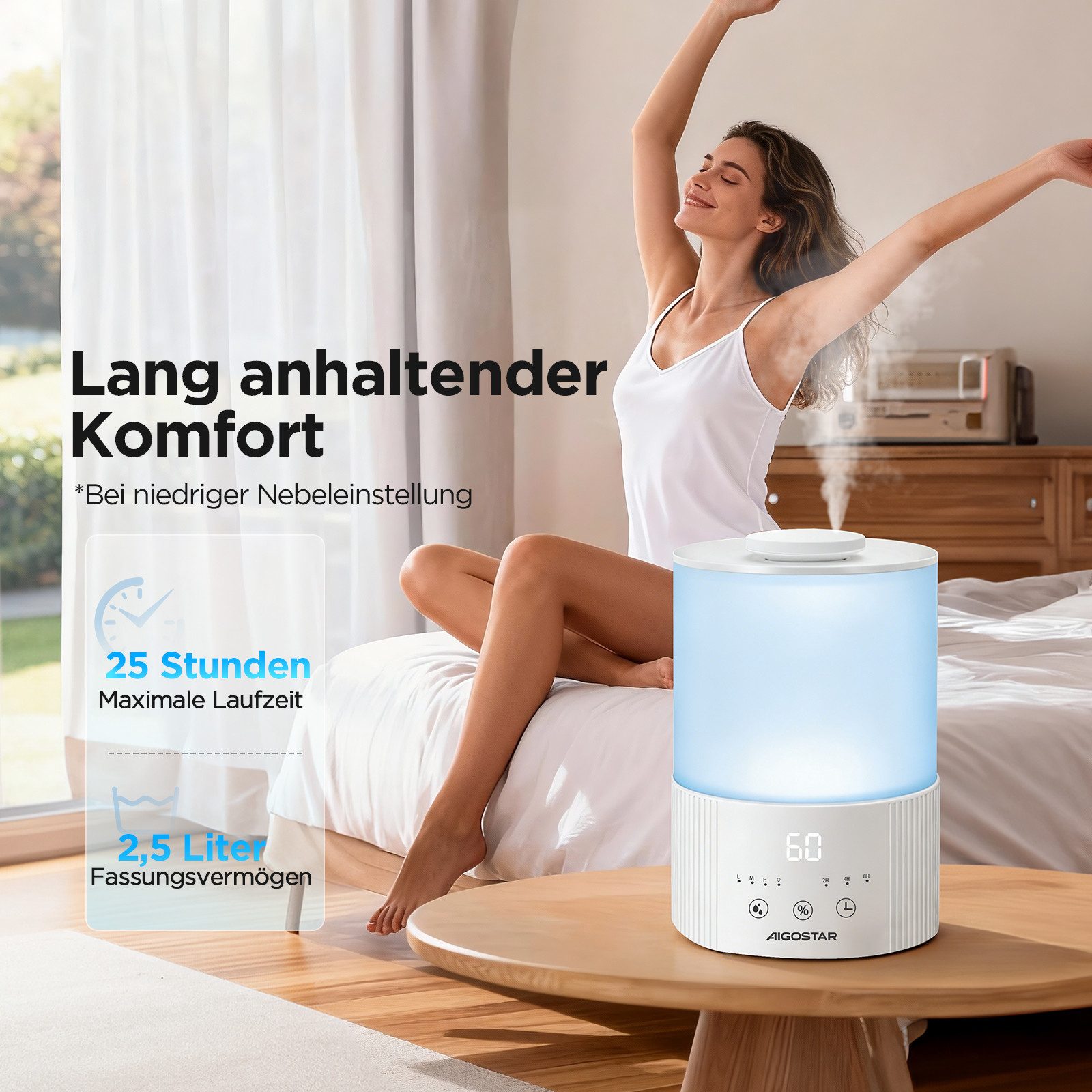 Aigostar Luftbefeuchter leise Ultraschall-Luftbefeuchter für Schlafzimmer 7 Farblichter, 2,50 l Wassertank, Timer, Nachtlicht, Aromadiffusor, Abschaltautomatik, Geräuscharm