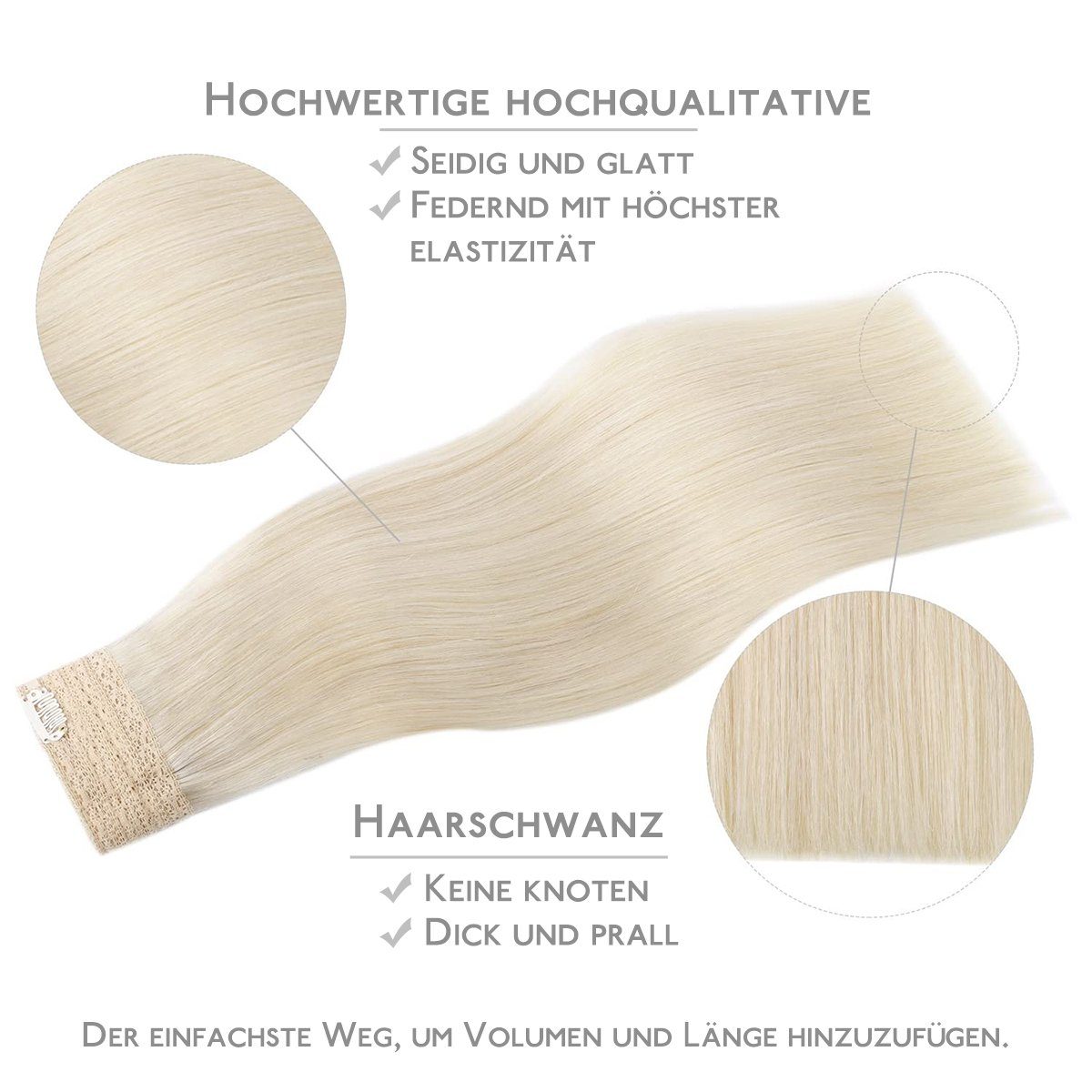 Wennalife Echthaar-Extension Haarteile,platinblond glatte Echthaarverlängerungen,Halo-Haare,lange