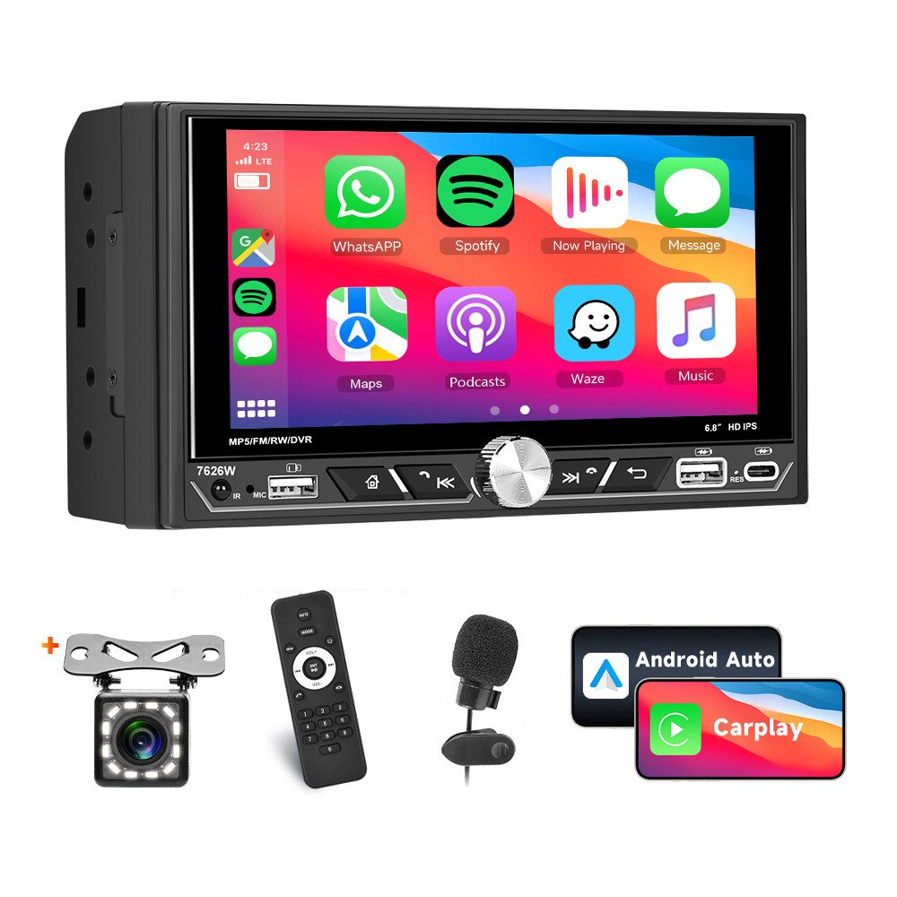 Dual DIN 6,8" HD mit Bluetooth, FM-Radio Wireless CarPlay/Android Auto Autoradio