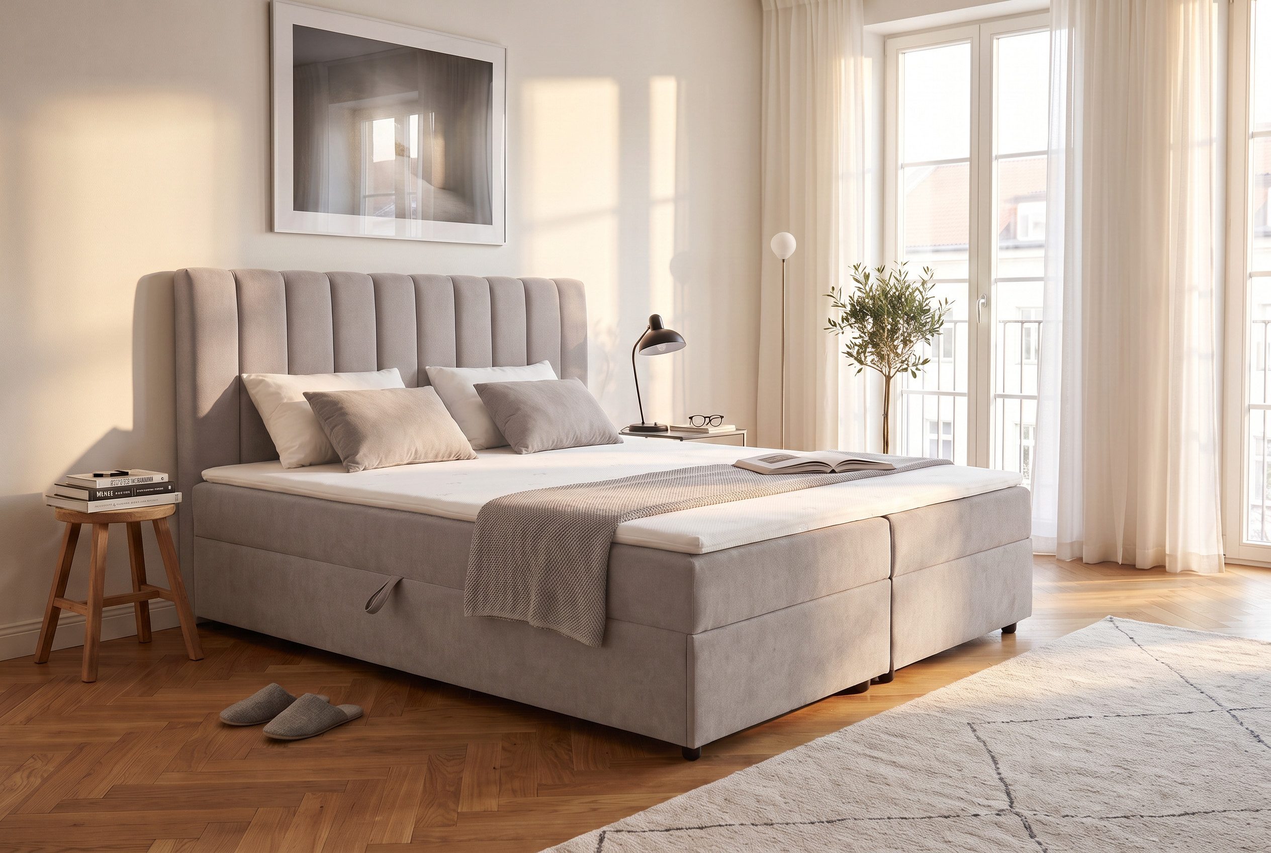 OTTO home Boxbett HAILEYY, Polsterbett mit Bettkasten, inkl. Taschenfederkernmatratze H3, mit Kaltschaumtopper, Chenille-Bezug, 140x200 & 180x200 cm