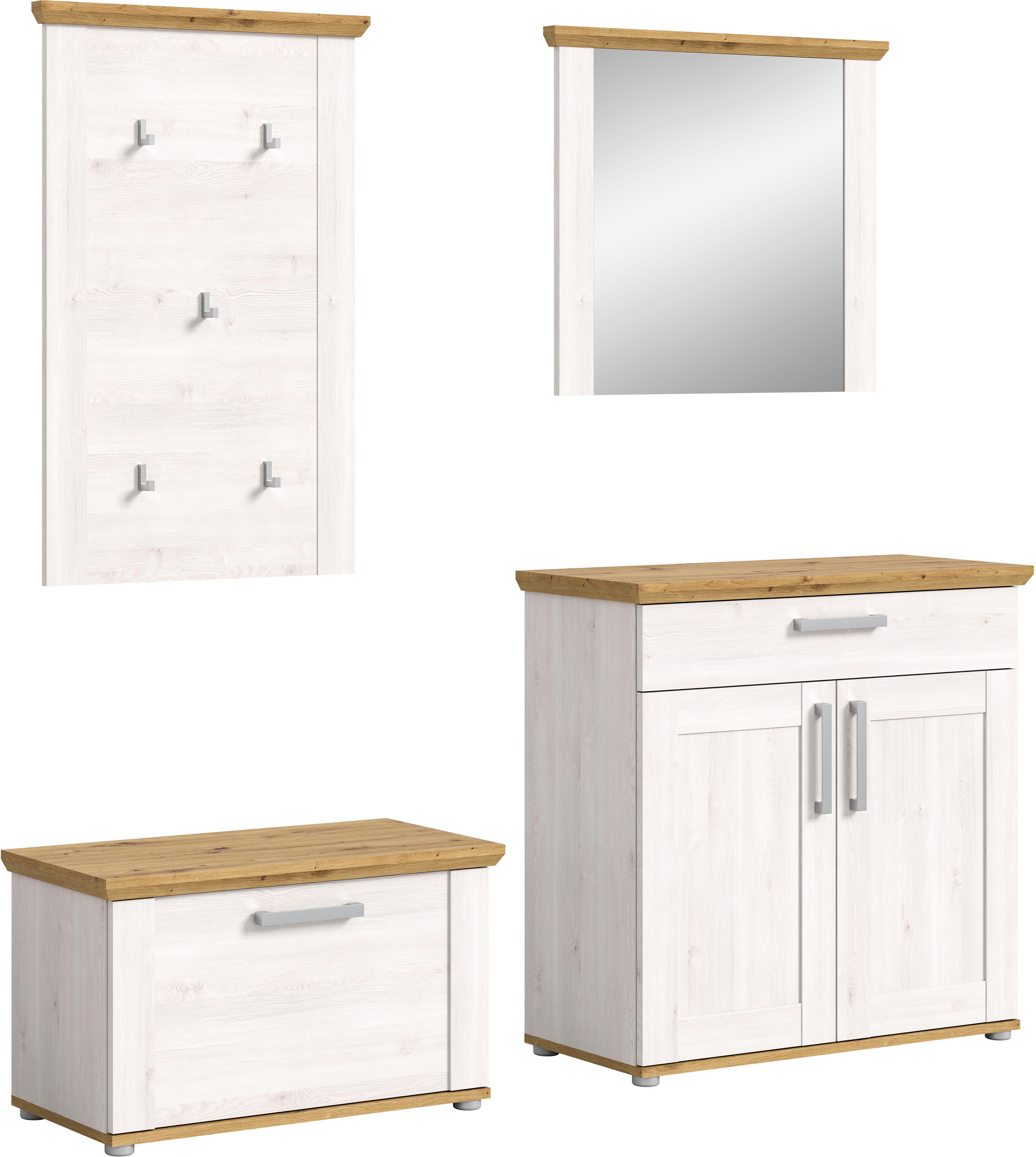 Home affaire Garderoben-Set COSENZA, TOPSELLER!, Breite ca. 190 cm, 4-teilig, in Landhausoptik, (4-St., bestehend aus: Sitzbank, Garderobenpaneel, Schuhschrank, Spiegel), Garderobenkombination, Kombination, Diele, Garderobe, Garderobenmöbel